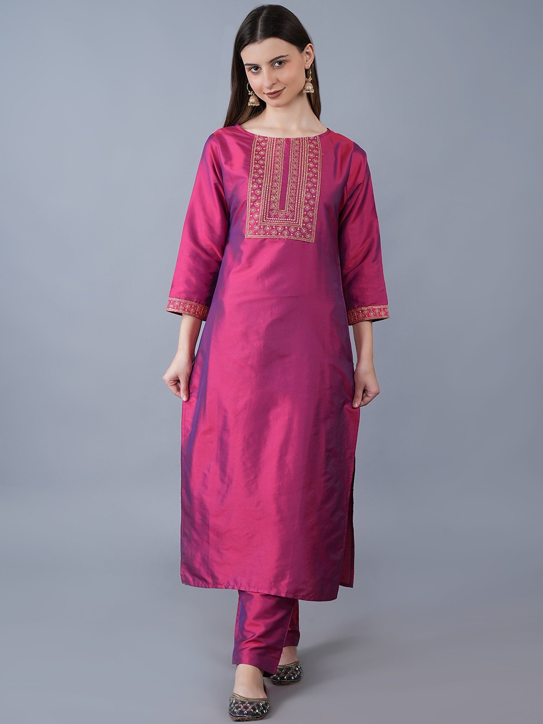 

KALINI Ethnic Motifs Embroidered Kurta with Trousers, Peach