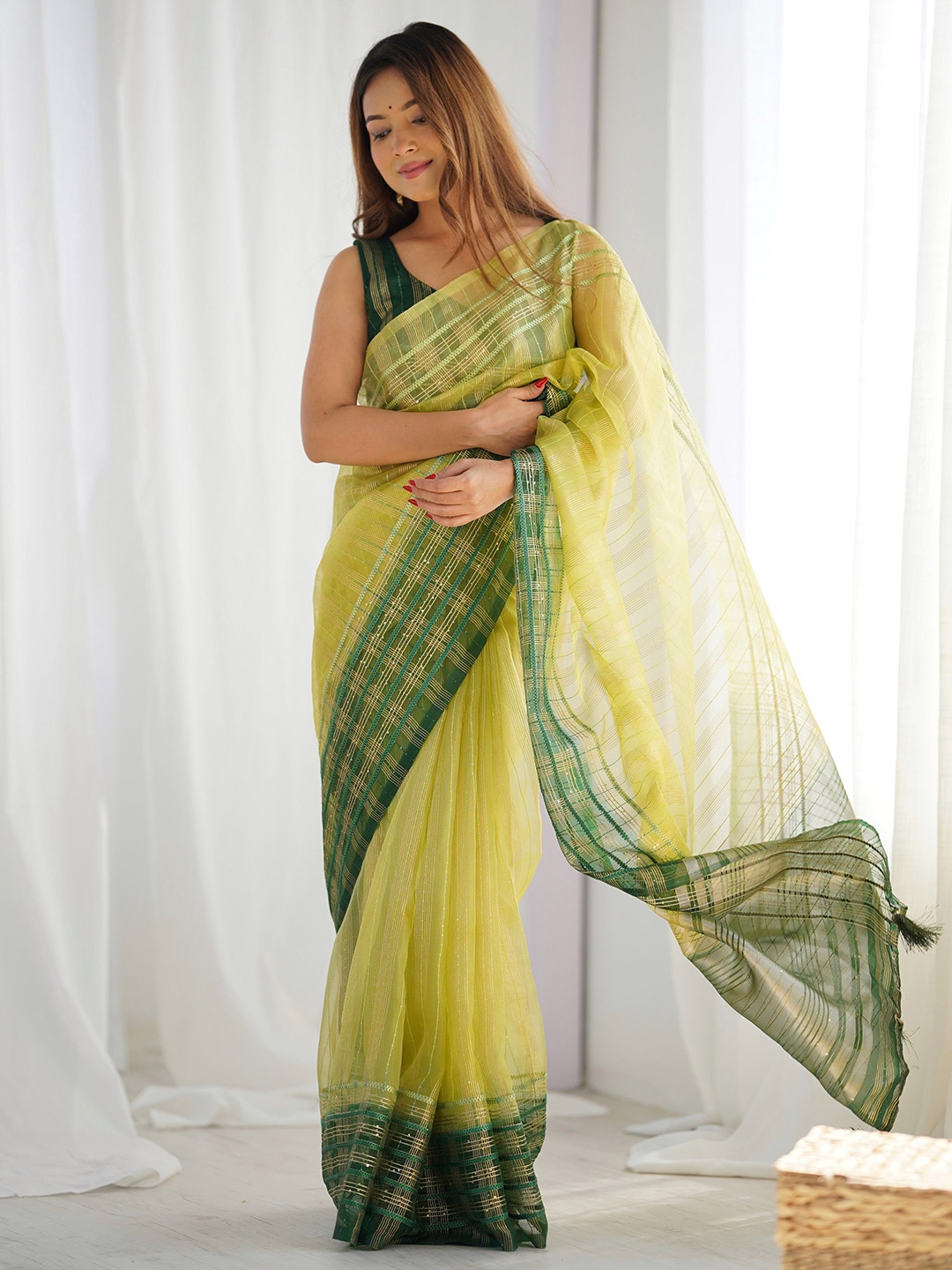 

CANIZZARO Checked Sequinned Khadi Saree, Yellow