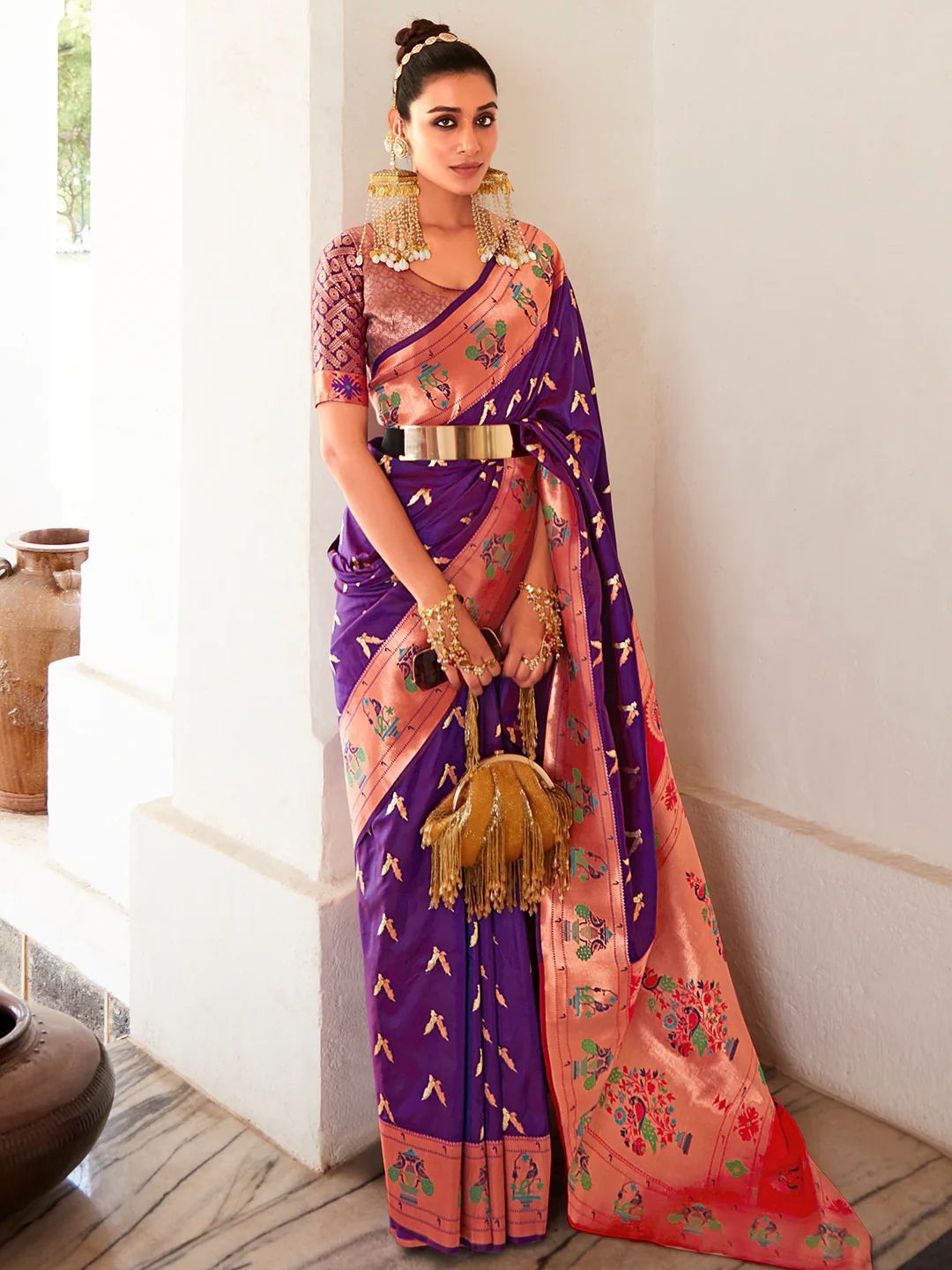 

KALINDI Woven Design Paithani Saree, Purple