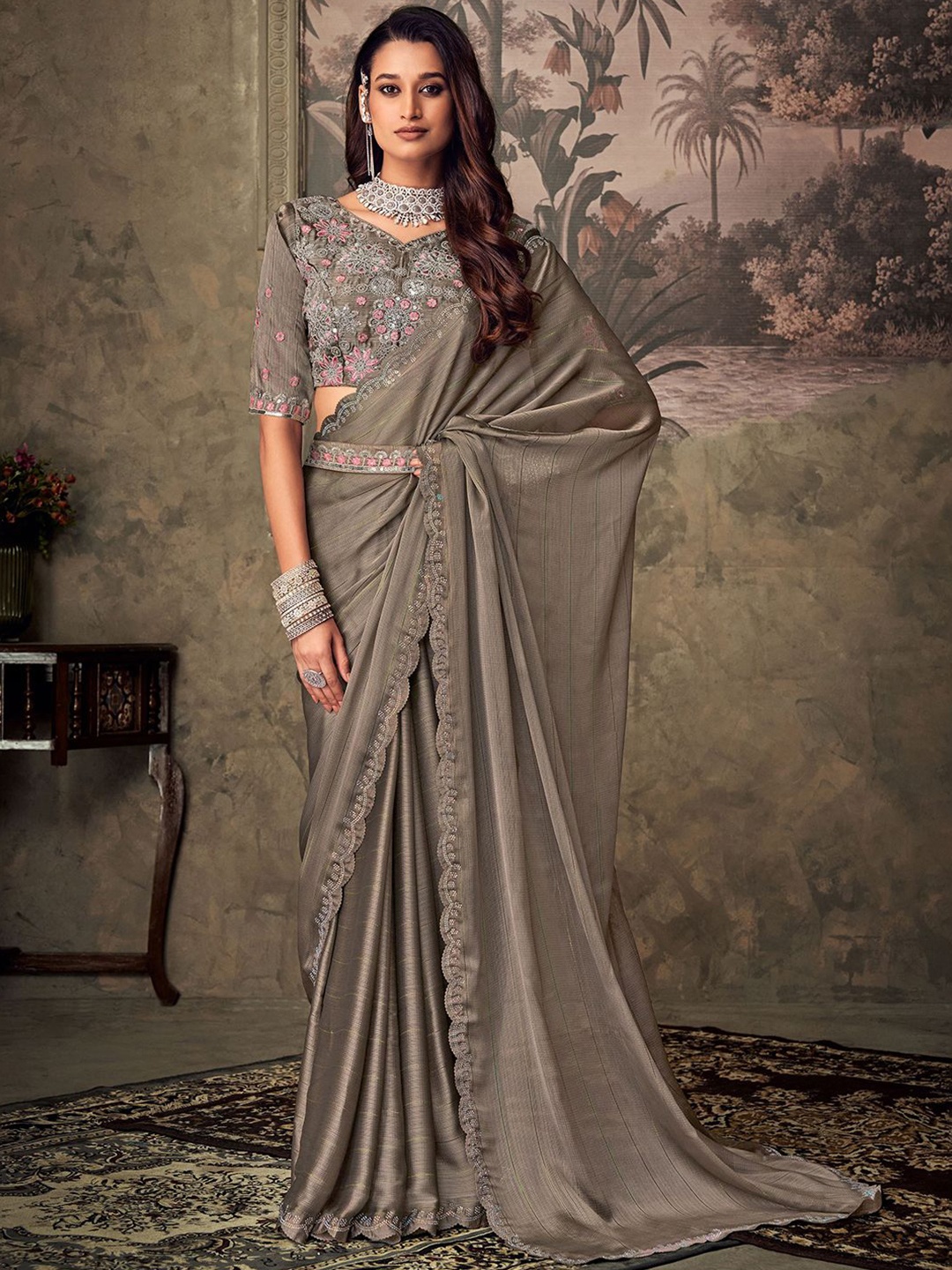 

SANSKAR Embroidered Poly Chiffon Saree, Grey