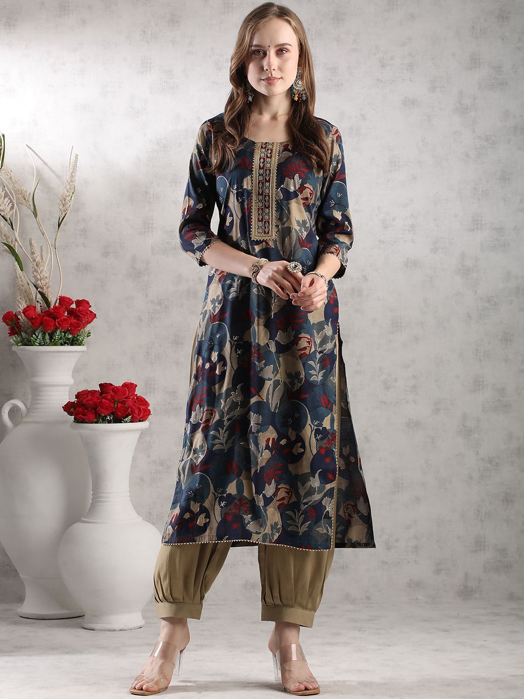 

Anni Designer Floral Printed Gotta Patti Straight Kurta With Harem Pant, Blue