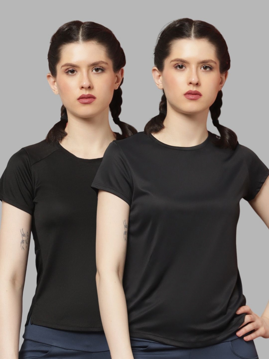 

Friskers Women Pack Of 2 Solid Round Neck T-shirts, Black