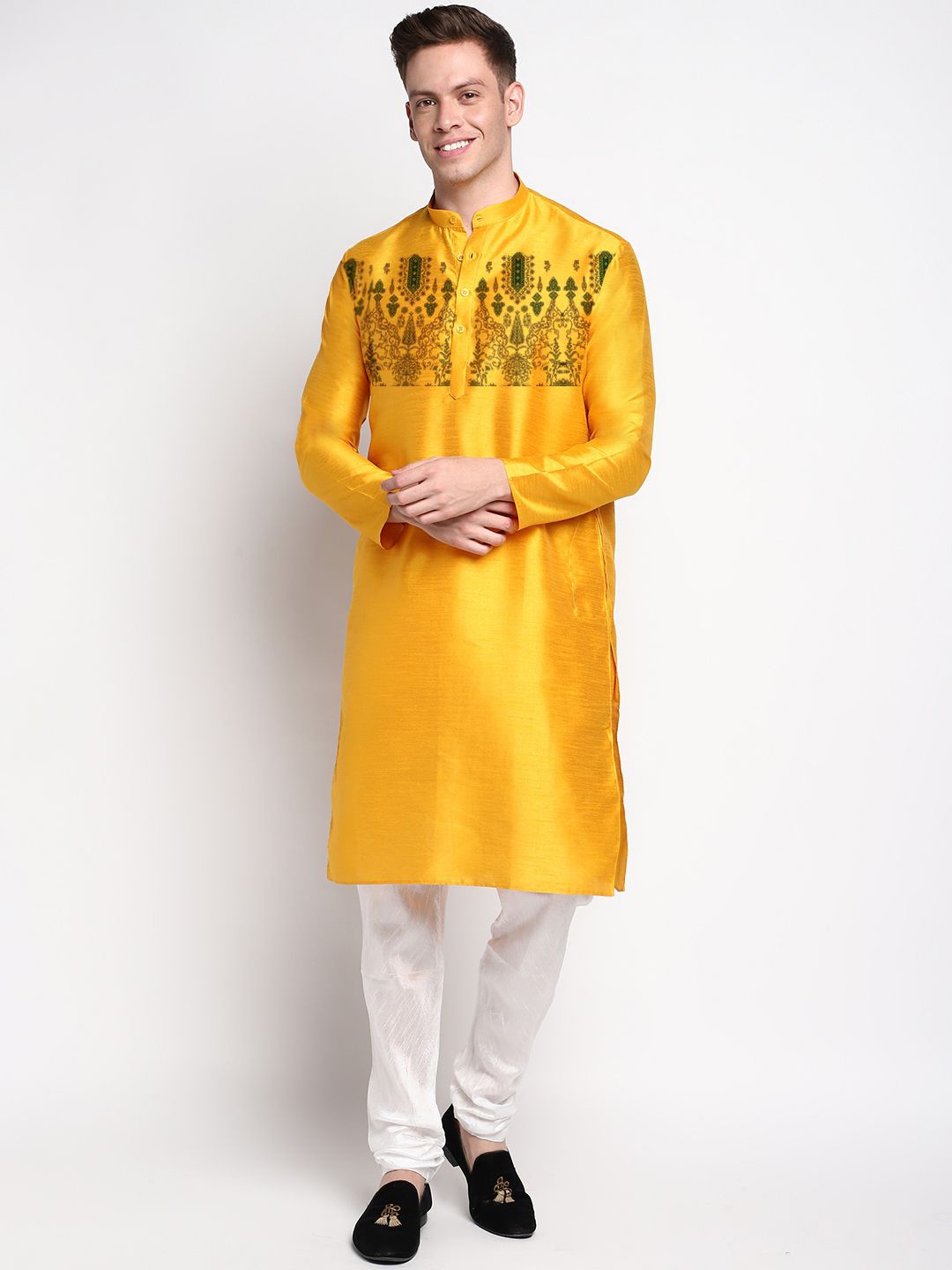 

DEVOILER Floral Printed Mandarin Collar Long Sleeves Straight Kurta, Yellow