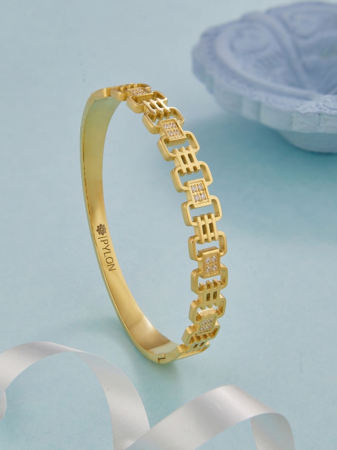 

PYLON Stainless Steel American Diamond Kada Bracelet, Gold