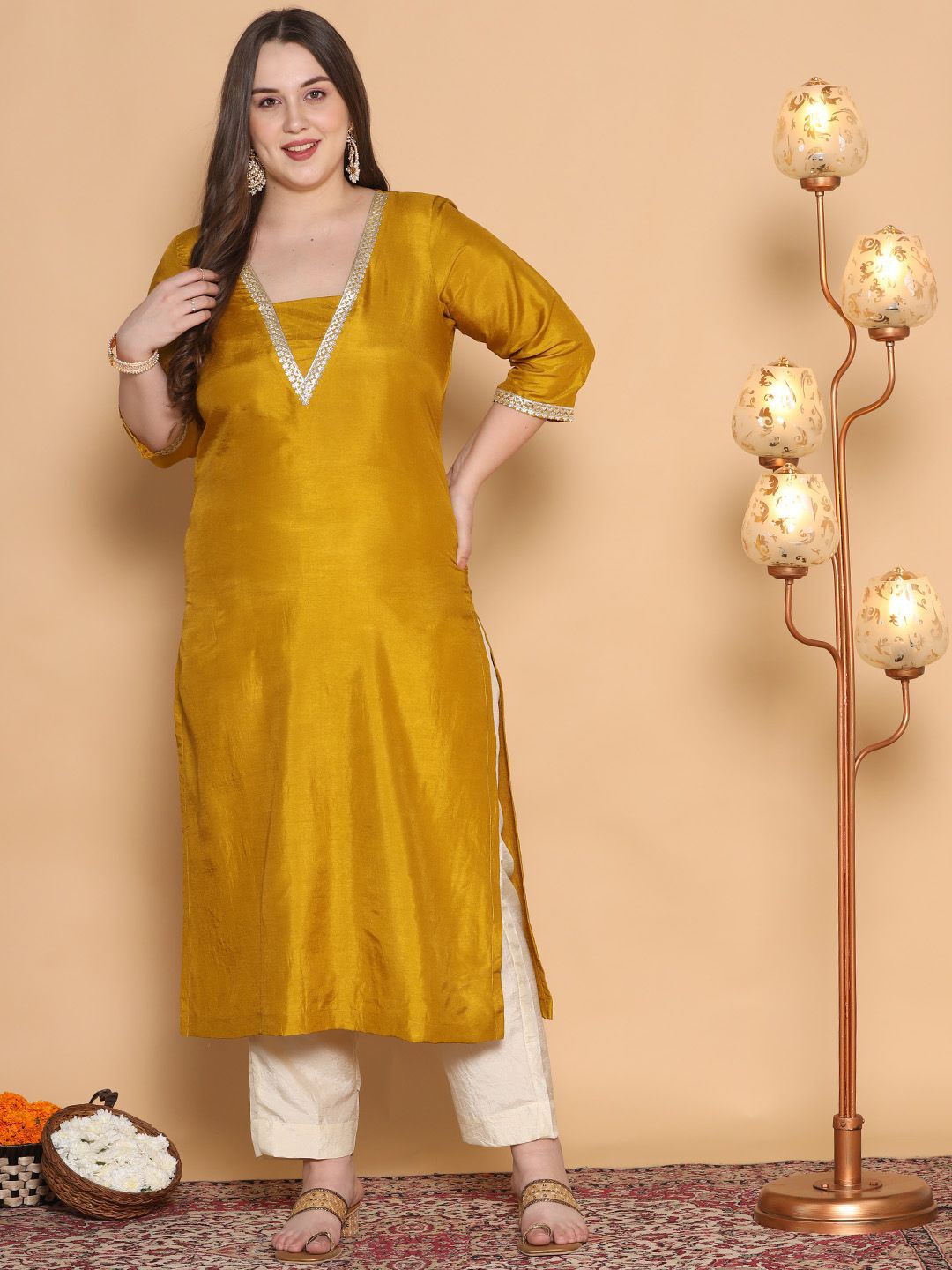 

LetsDressUp Sequinned V-Neck Silk Straight Kurta, Mustard