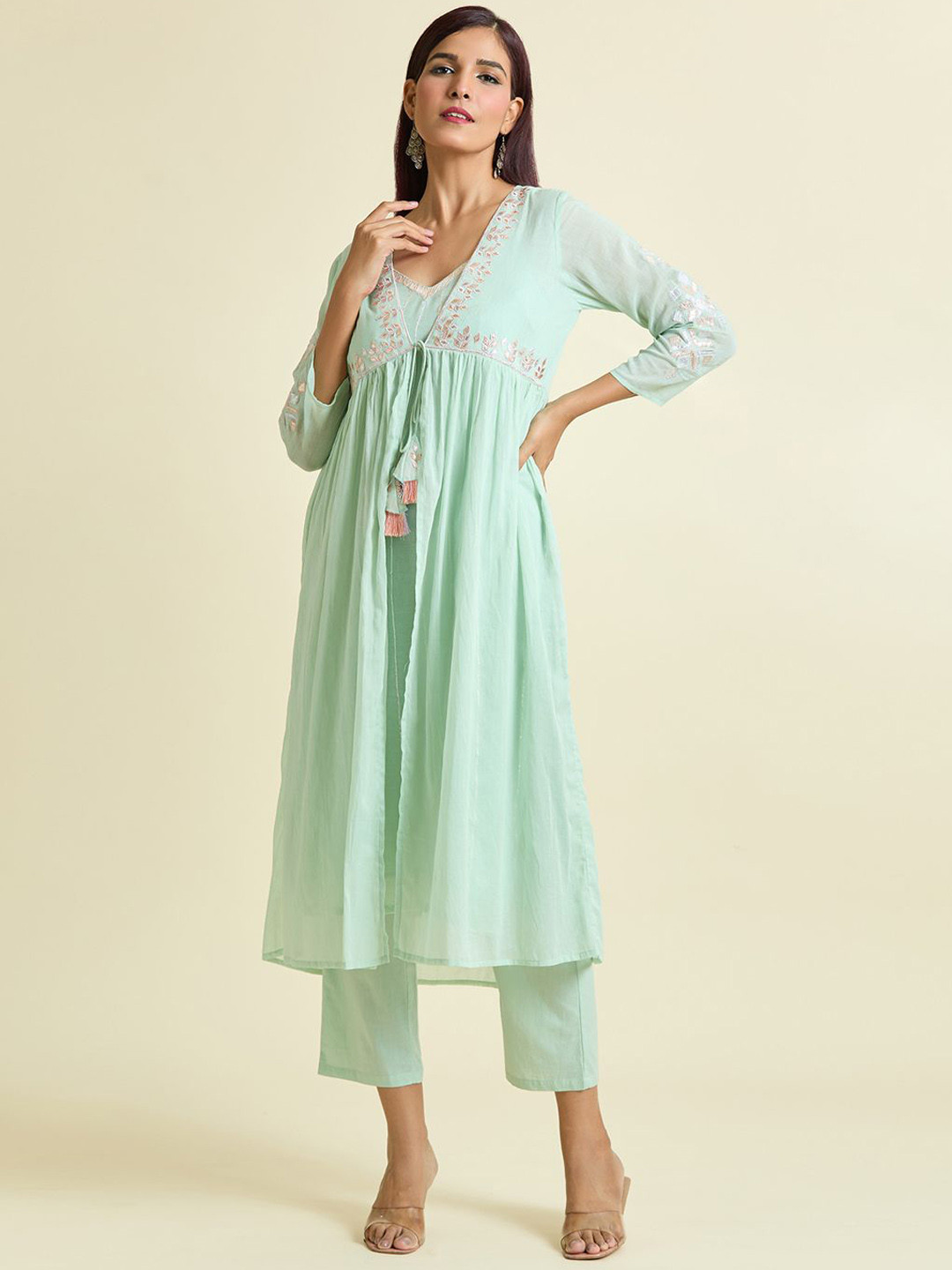 

Adara Khan Women Pleated Kurta with Trousers, Green