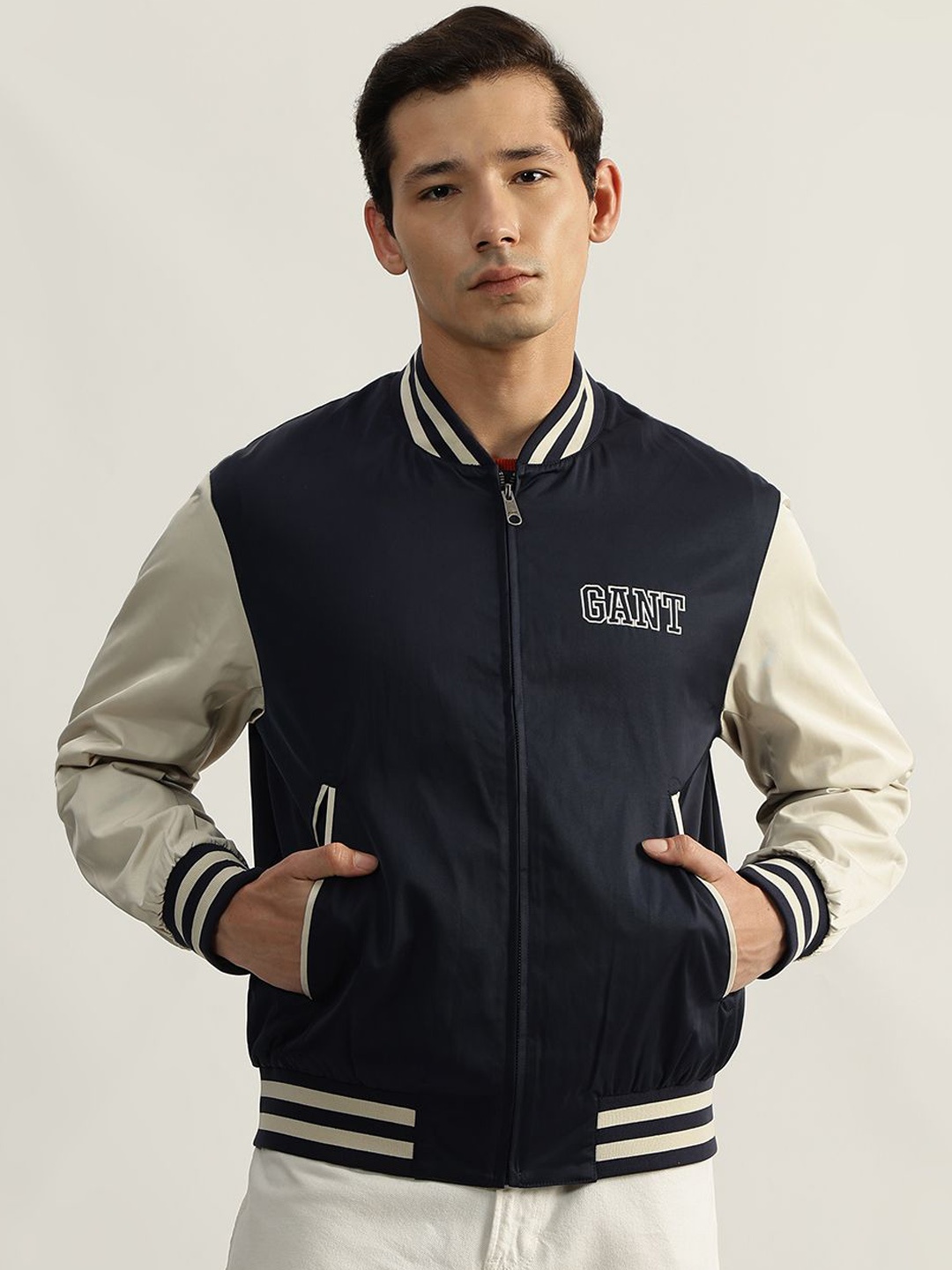 

GANT Men Stand Collar Colourblocked Casual Varsity Jacket, Navy blue