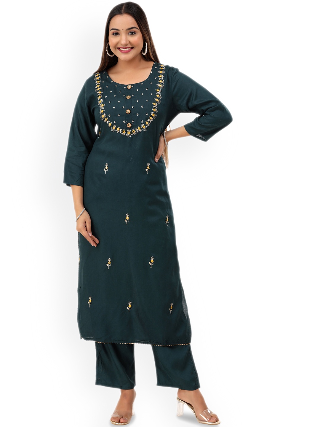 

KALINI Floral Embroidered Sequinned Kurta with Trouser, Green