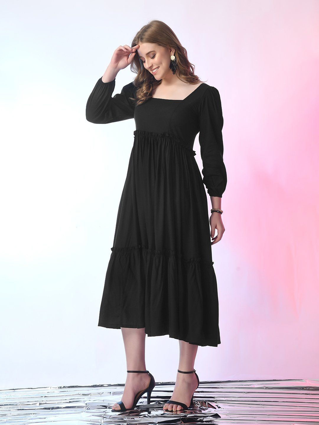 

Raiyani Enterprise Women Crepe Fit & Flare Tiered Midi Dress, Black