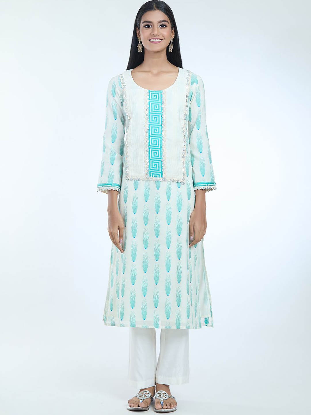 

Adara Khan Women Ethnic Motifs Printed Regular Thread Work Chanderi Cotton Kurta with Trousers & With Dupatta, Off white