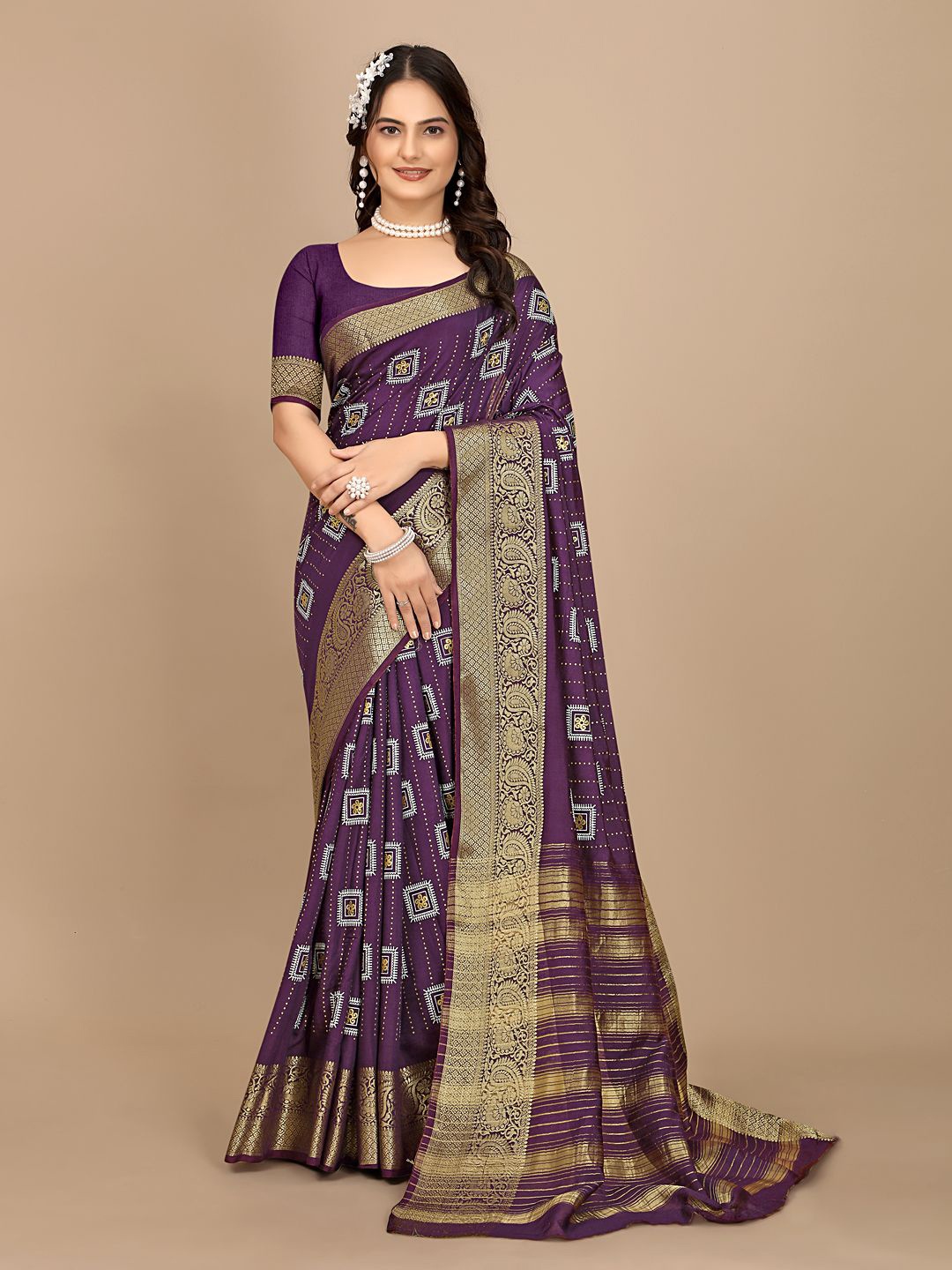 

Pionex Zari Silk Geometric Printed Cotton Saree, Purple