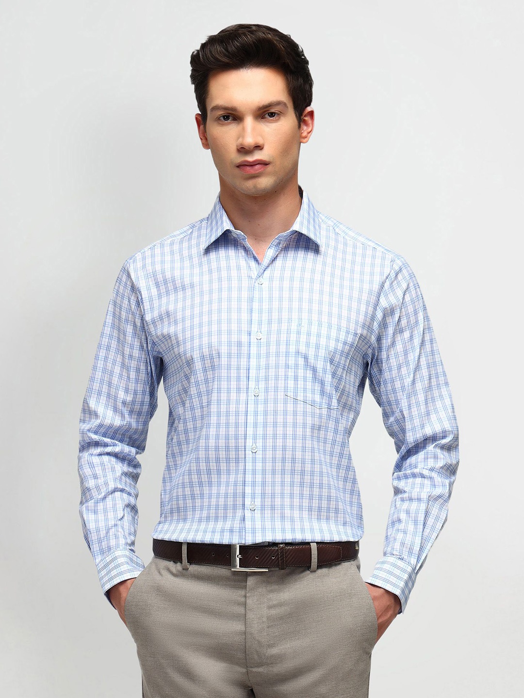 

Arrow Men Classic Spread Collar Tartan Checked Cotton Formal Shirt, Blue