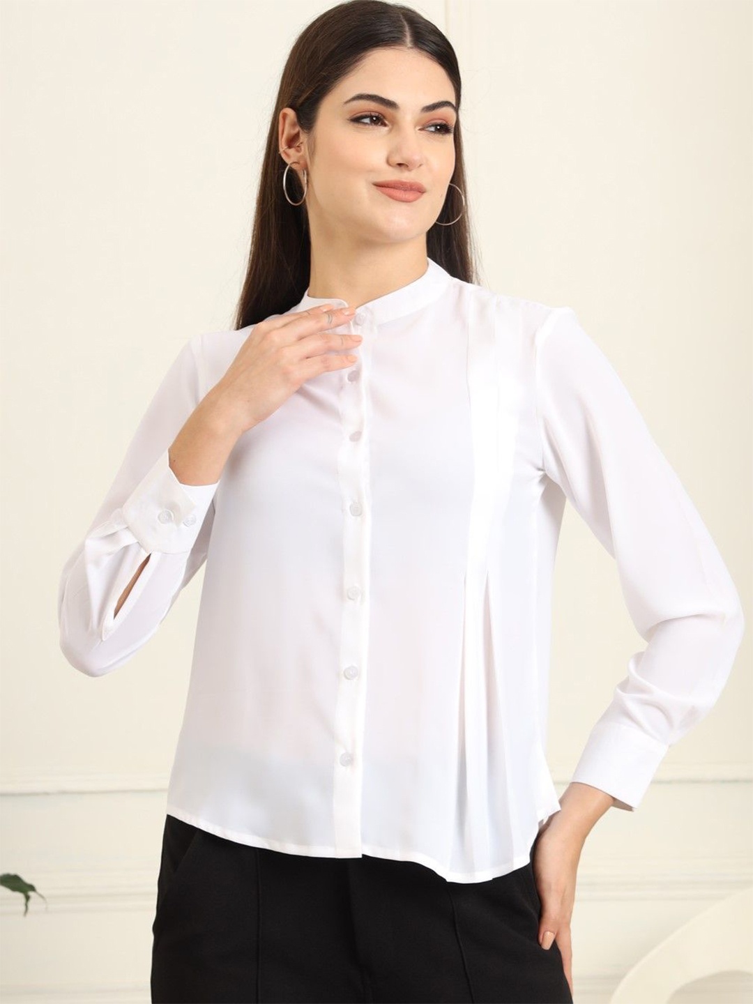 

FITHUB Women Mandarin Collar Solid Casual Shirt, White