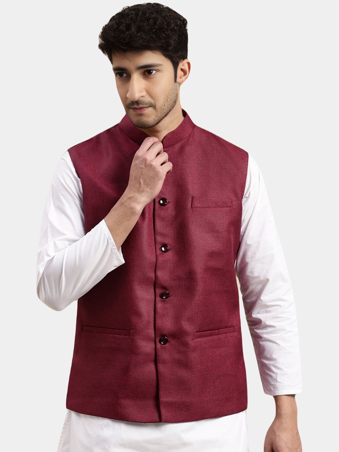 

BAESD Mandarin Collar Regular Fit Waistcoat, Maroon