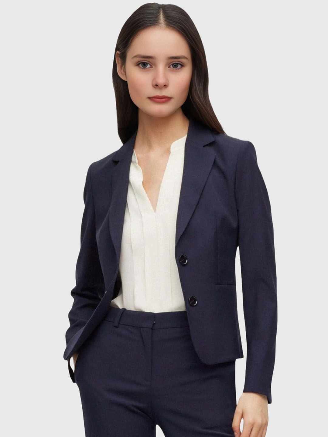 

BAESD Women Notched Lapel Collar Single-Breasted Formal Blazer, Navy blue
