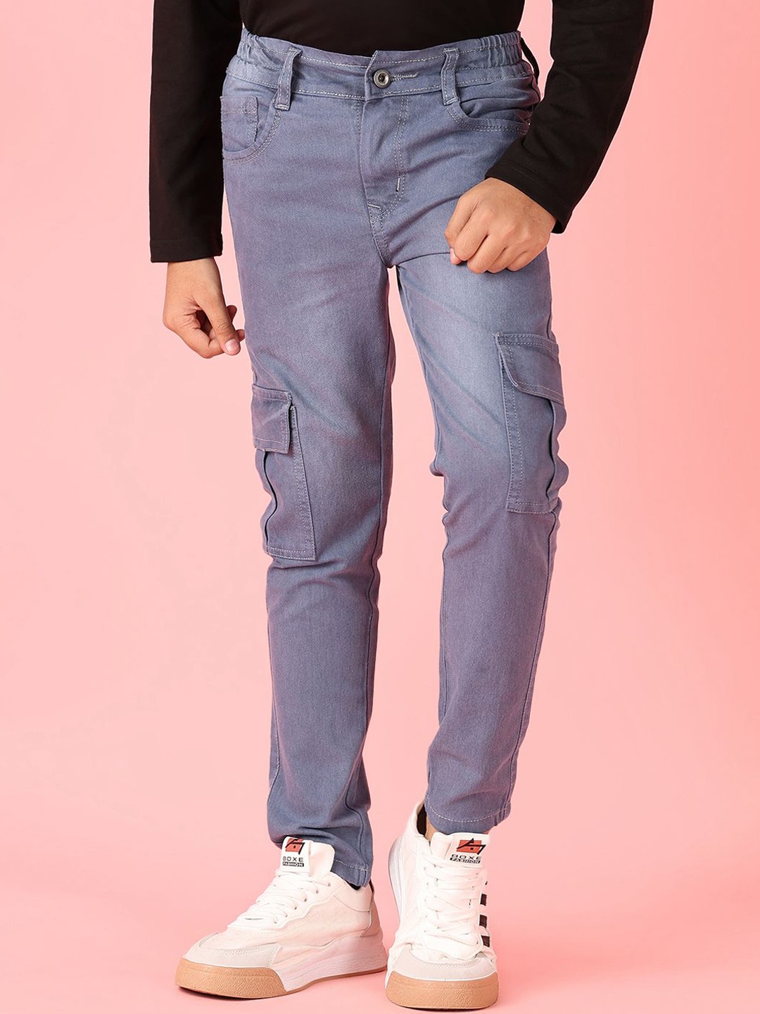 

V-Mart Boys Regular Fit Light Fade Stretchable Cargo Jeans, Grey