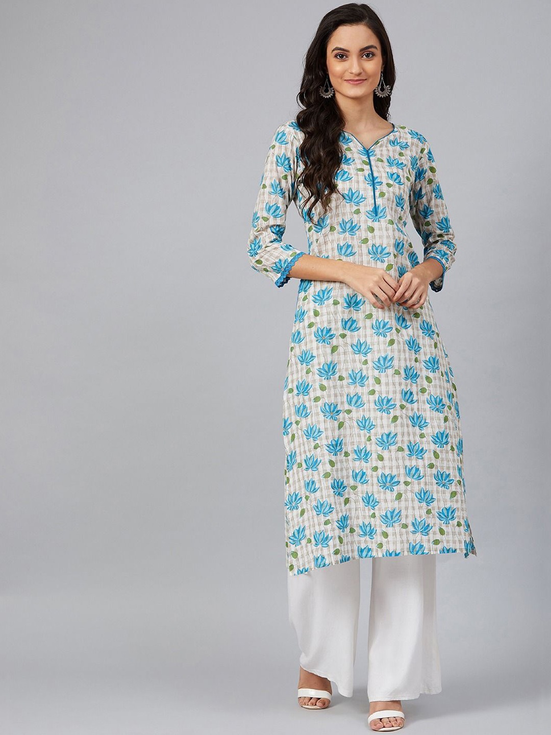 

AHIKA Floral Printed Sweetheart Neck Pure Cotton Straight Kurta, White