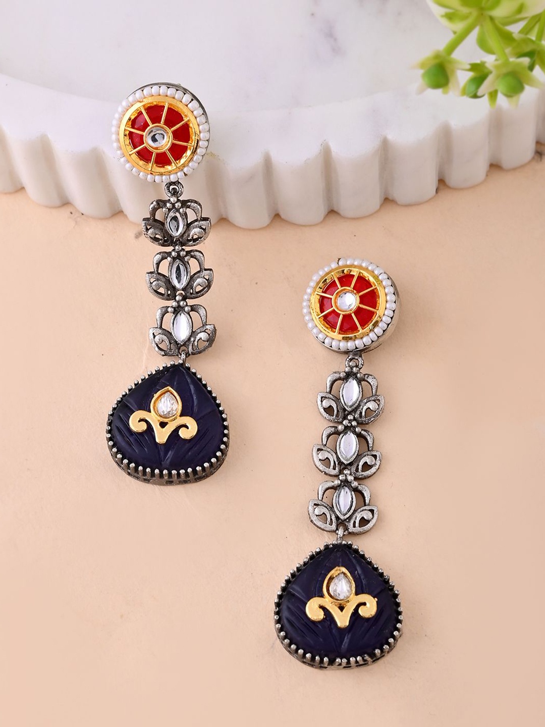 

Voylla Silver-Plated Stone Studded Contemporary Drop Earrings