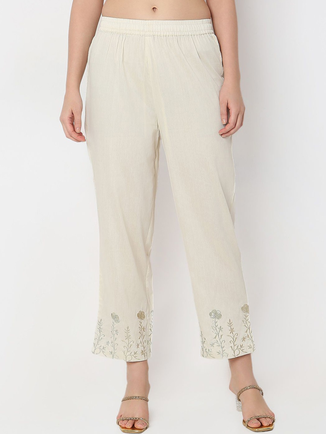 

Ethnicity Women Embroidered Straight Fit Parallel Trousers, Beige