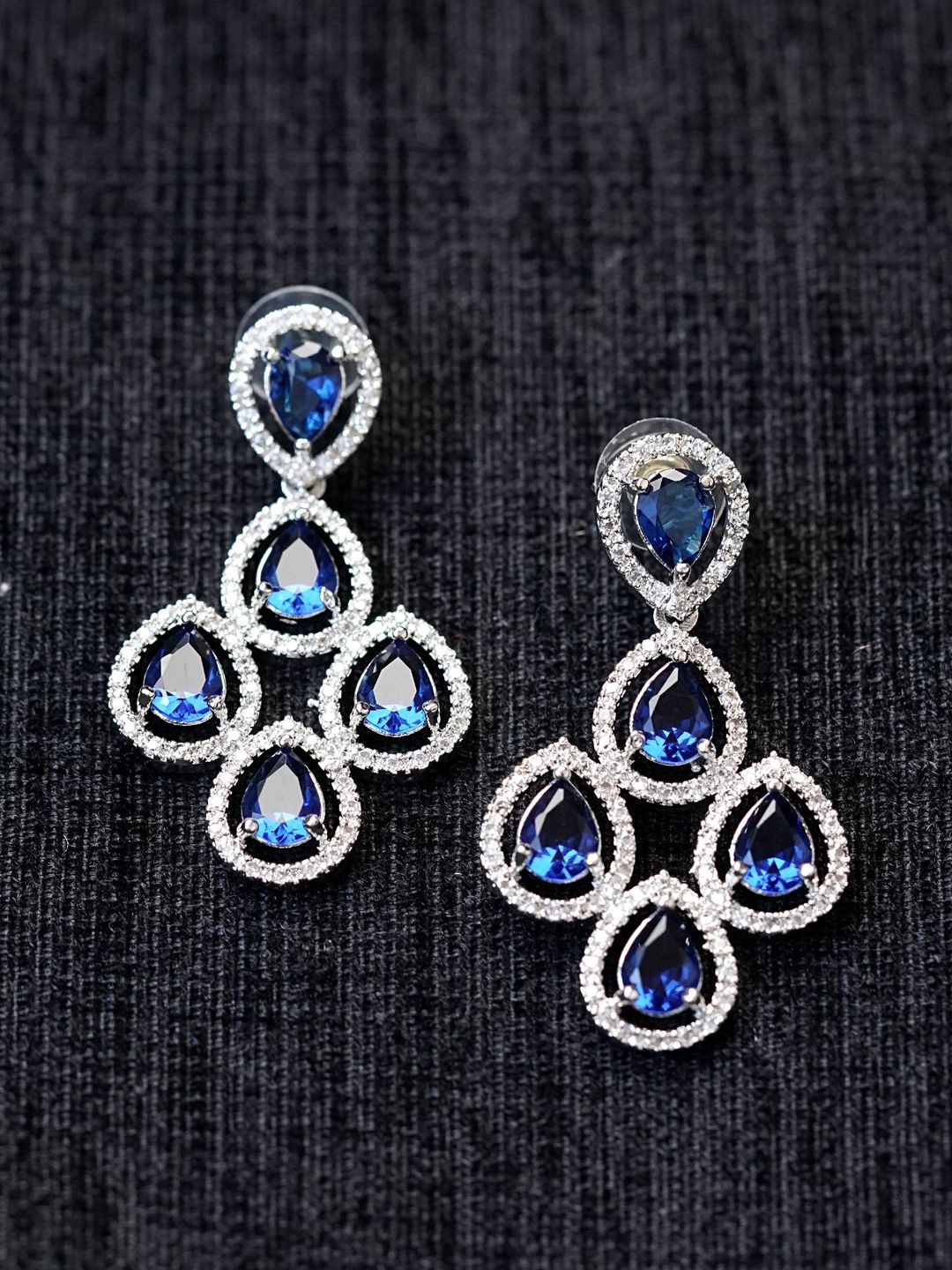 

Zoey Rhodium-Plated American Diamond Studded Contemporary Drop Earrings, Blue