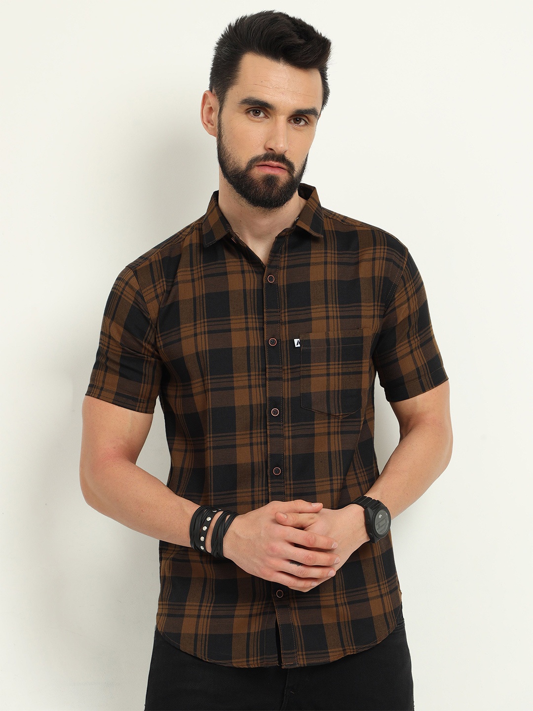 

ALLWIN PAUL Men Classic Spread Collar Tartan Checked Cotton Casual Shirt, Brown