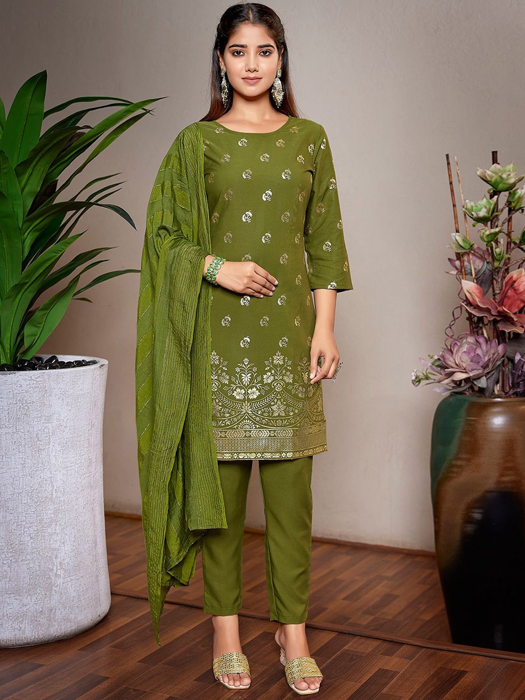 

Royal Export Floral Woven Design Zari Straight Kurta With Trousers & Dupatta, Green