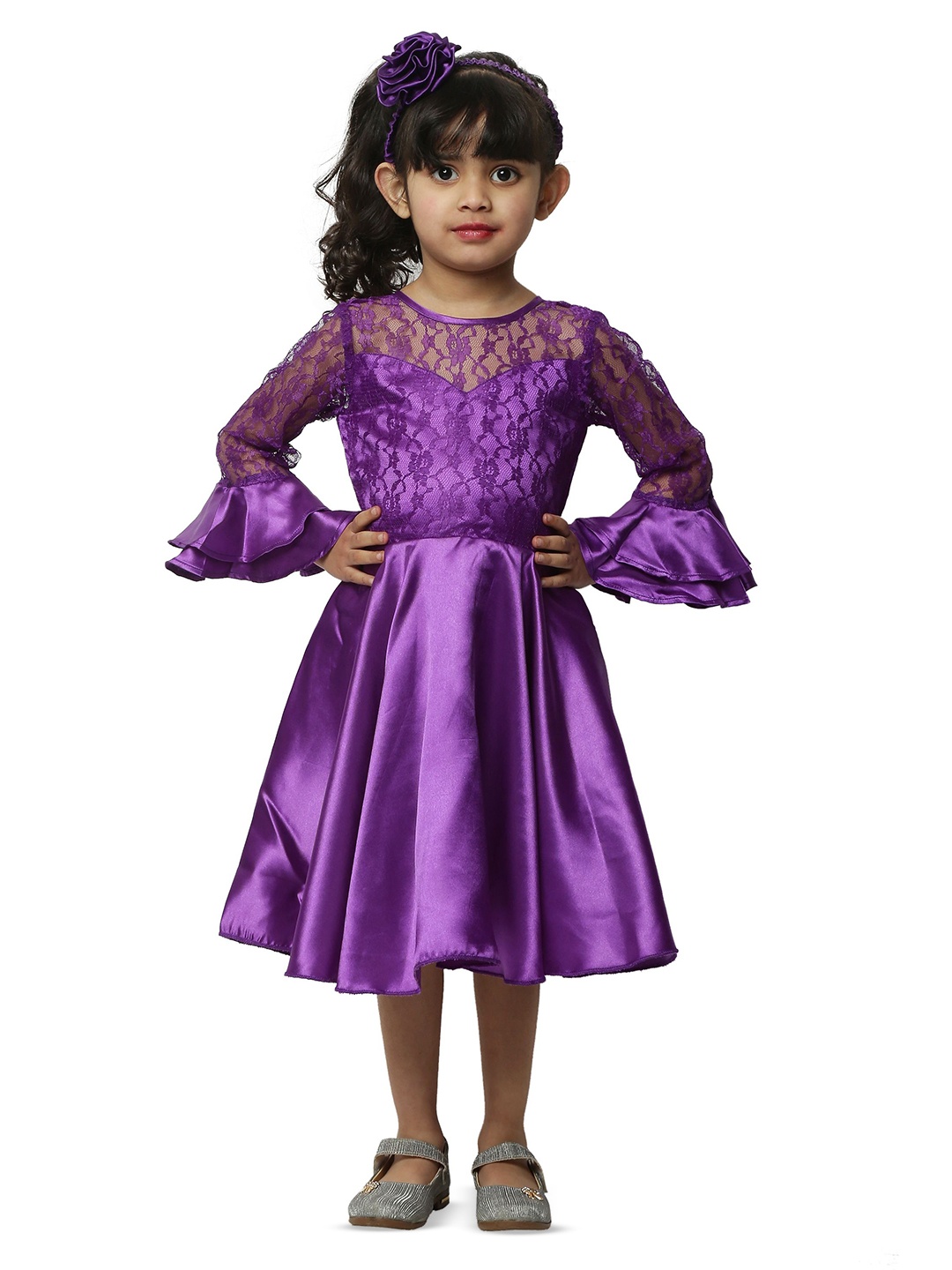 

Wish little Girls Satin Bell Sleeves Fit and Flare Dress, Purple