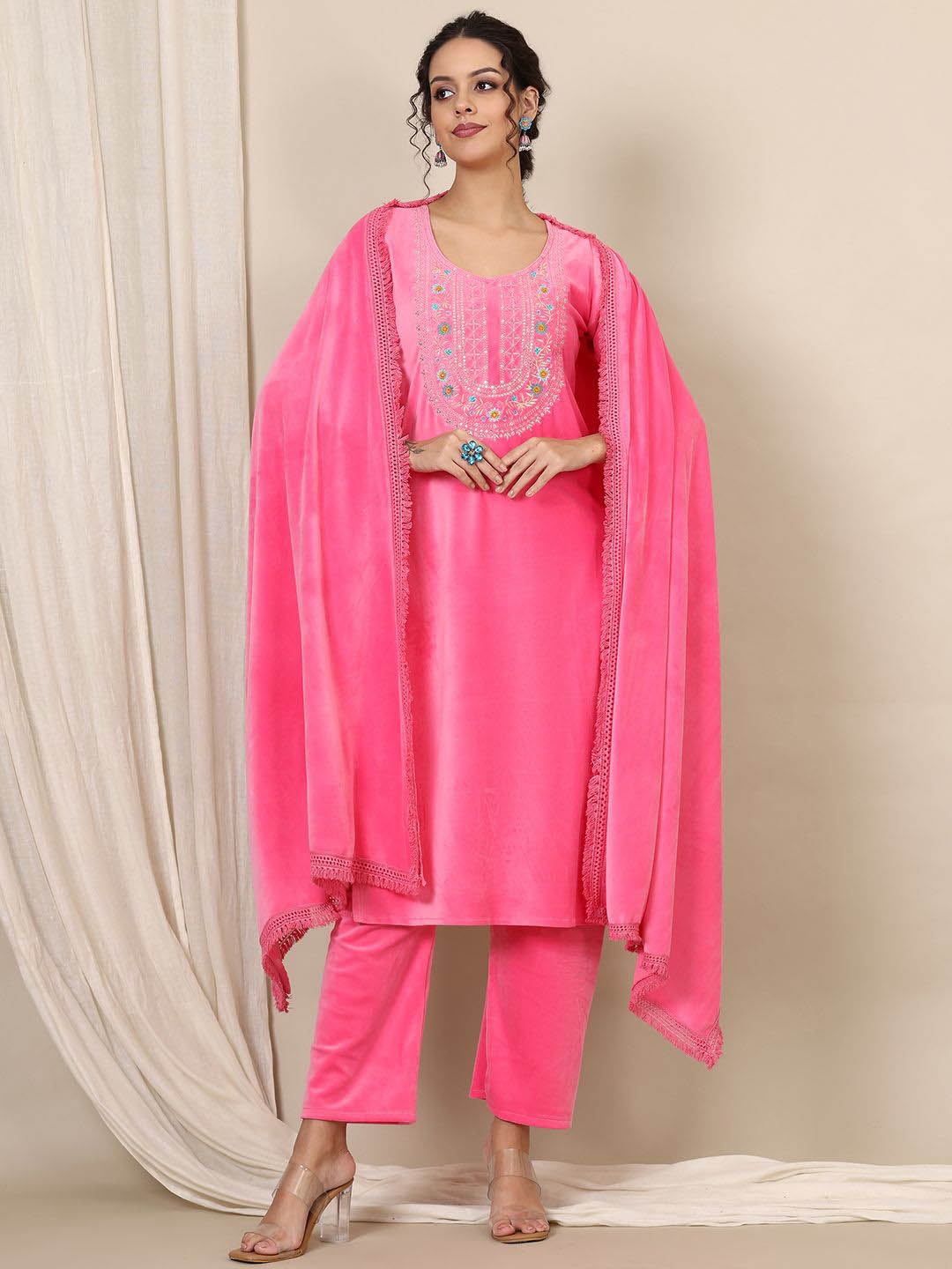 

KALINI Floral Embroidered Regular Pure Wool Straight Kurta with Trousers & Dupatta, Pink