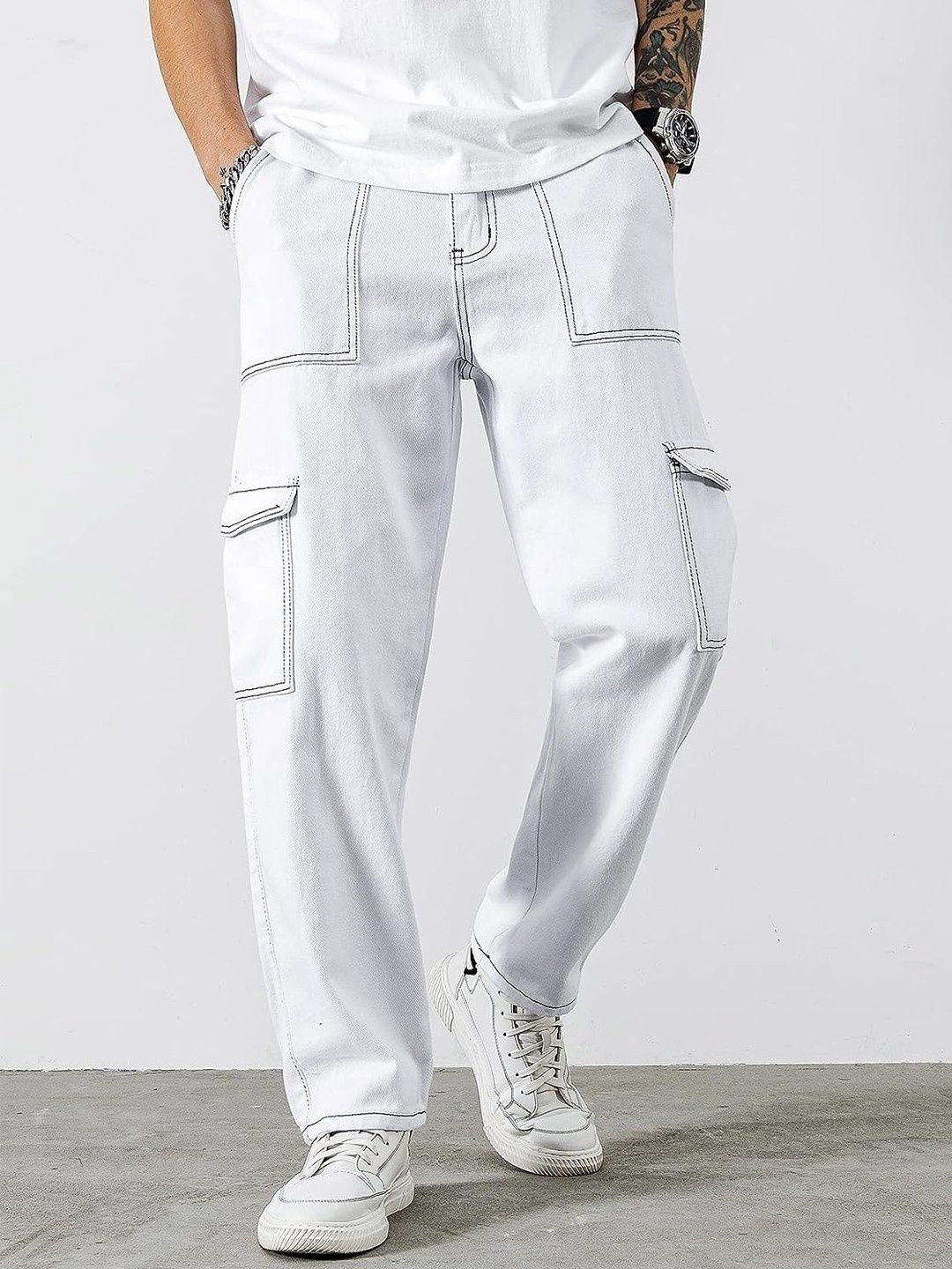 

MASTERLY WEFT Men Super Relaxed Fit Mildly Distressed Stretchable Jeans, White