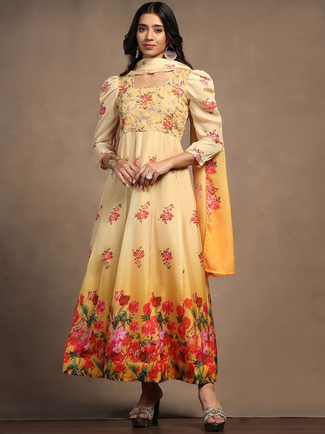 

BAESD Floral Printed Gotta Patti Organza Anarkali Kurta With Trouser & Dupatta, Yellow