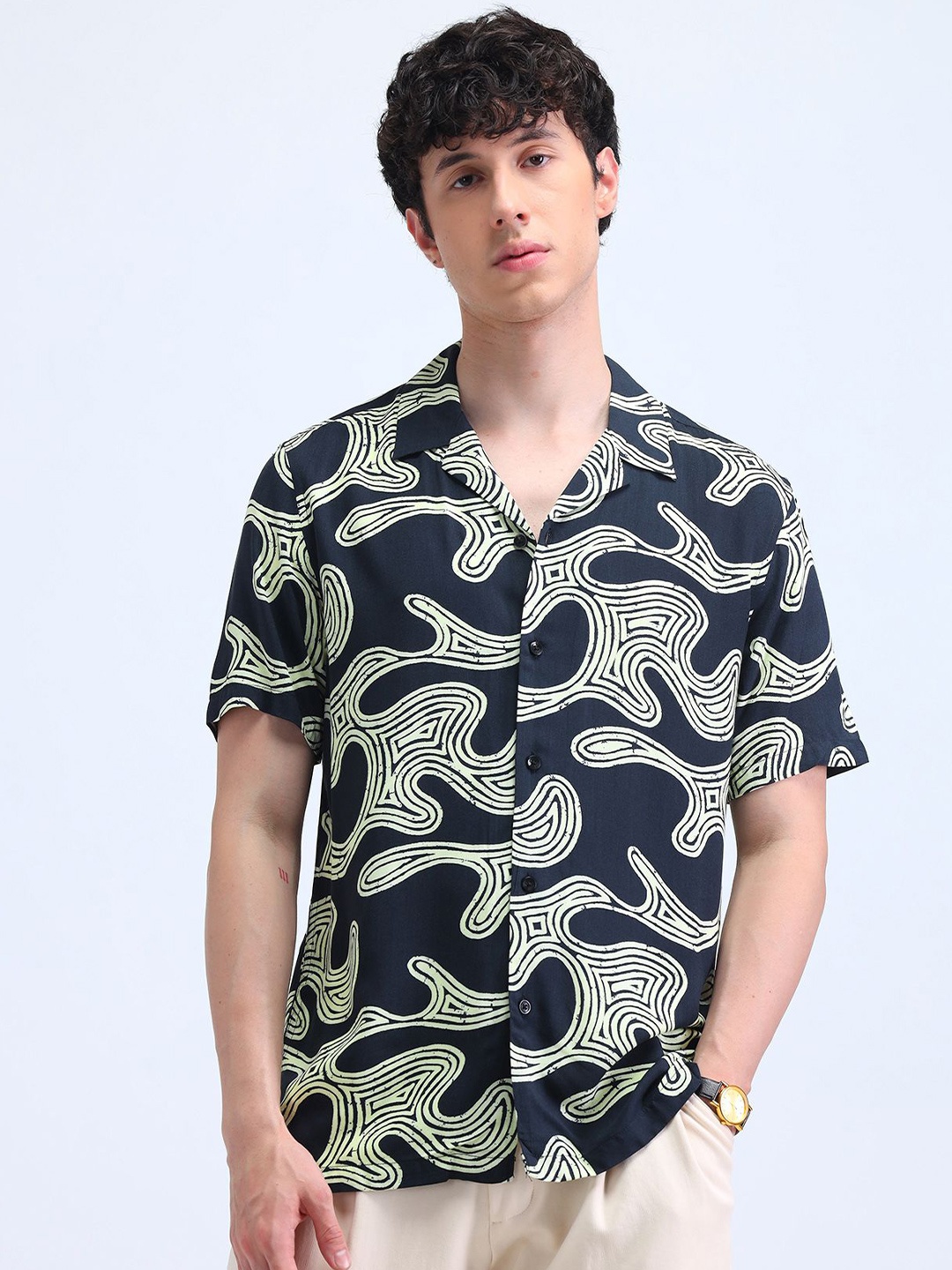 

Flying Machine Men Classic Cuban Collar Abstract Printed Casual Shirt, Black