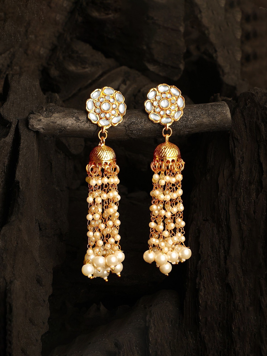 

Stefan Gold-Plated Kundan Studded Contemporary Drop Earrings, White