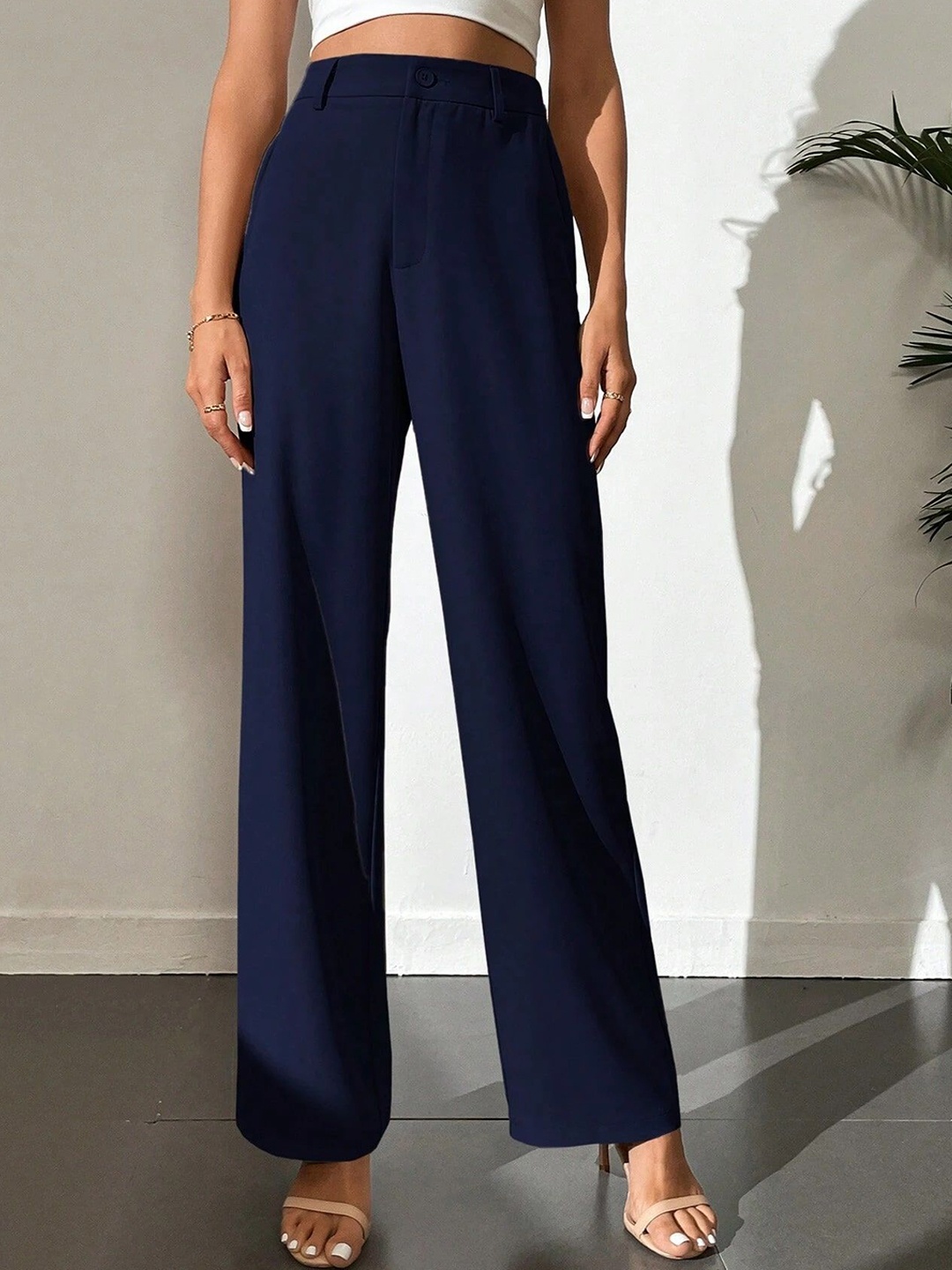 

FNOCKS Women Relaxed Straight Leg High-Rise Wide Leg Stain Resistant Trousers, Navy blue