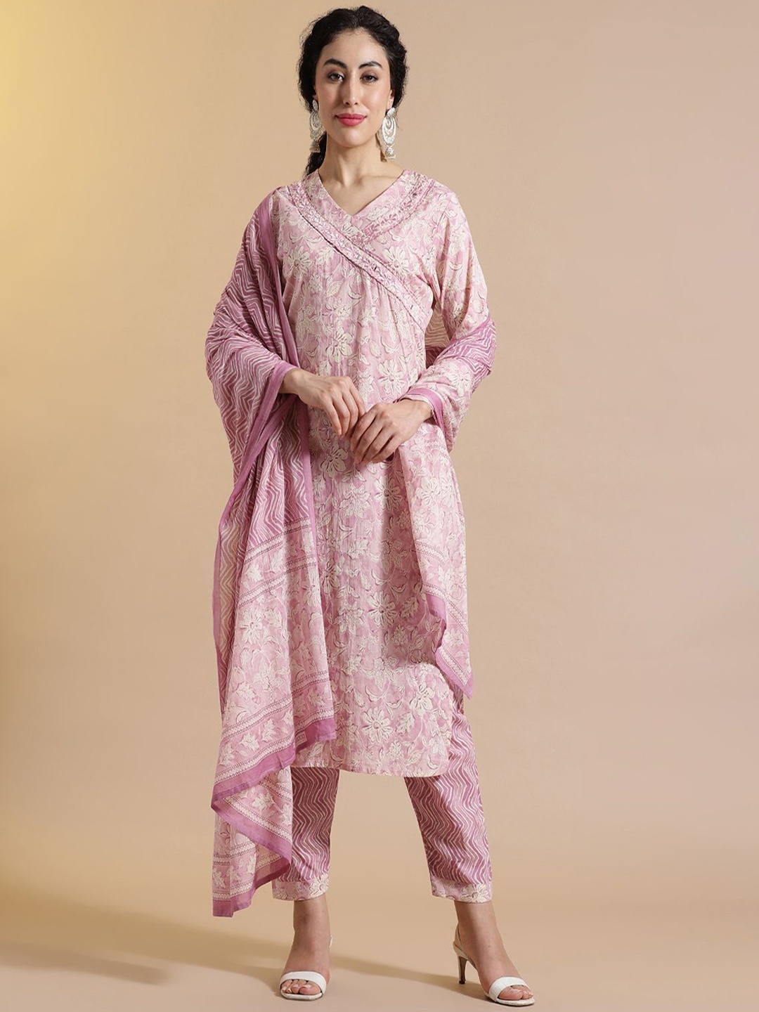 

Anouk Floral Printed Thread Work Pure Cotton Kurta with Trouser & Dupatta, Pink