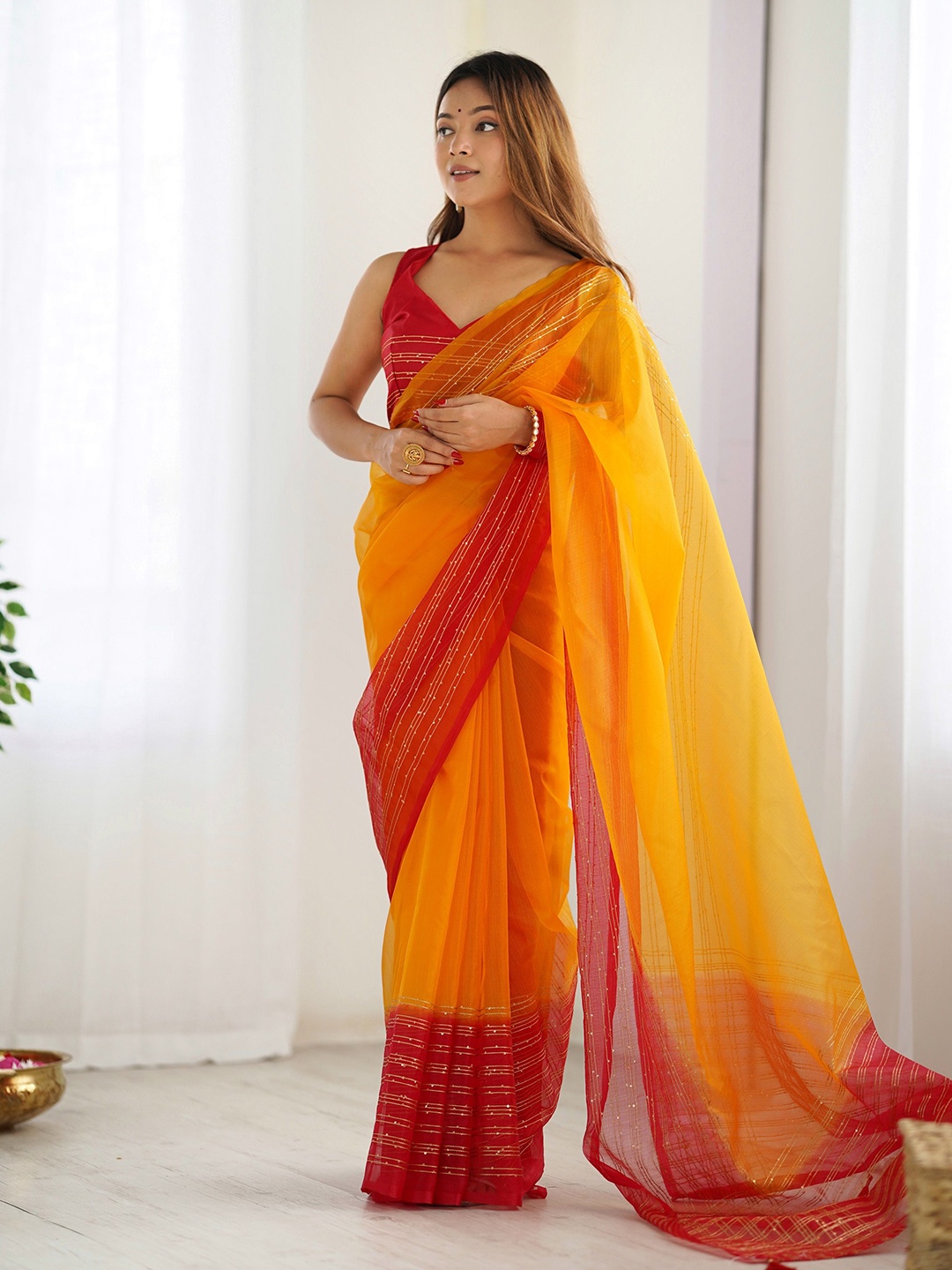 

KALINI Embellished Sequinned Organza Khadi Saree, Yellow