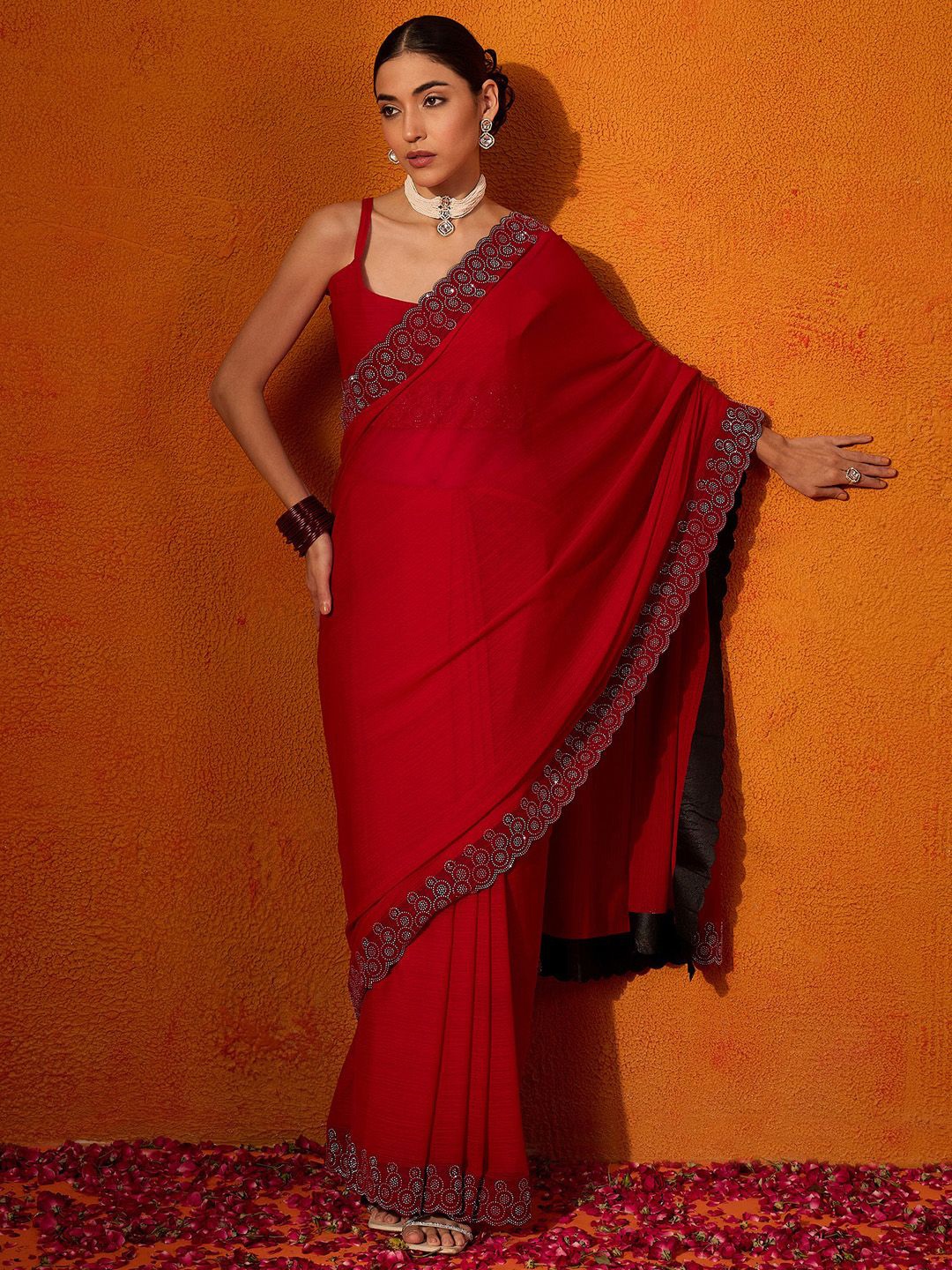 

Anouk Solid Embellished Beads and Stones Saree, Red