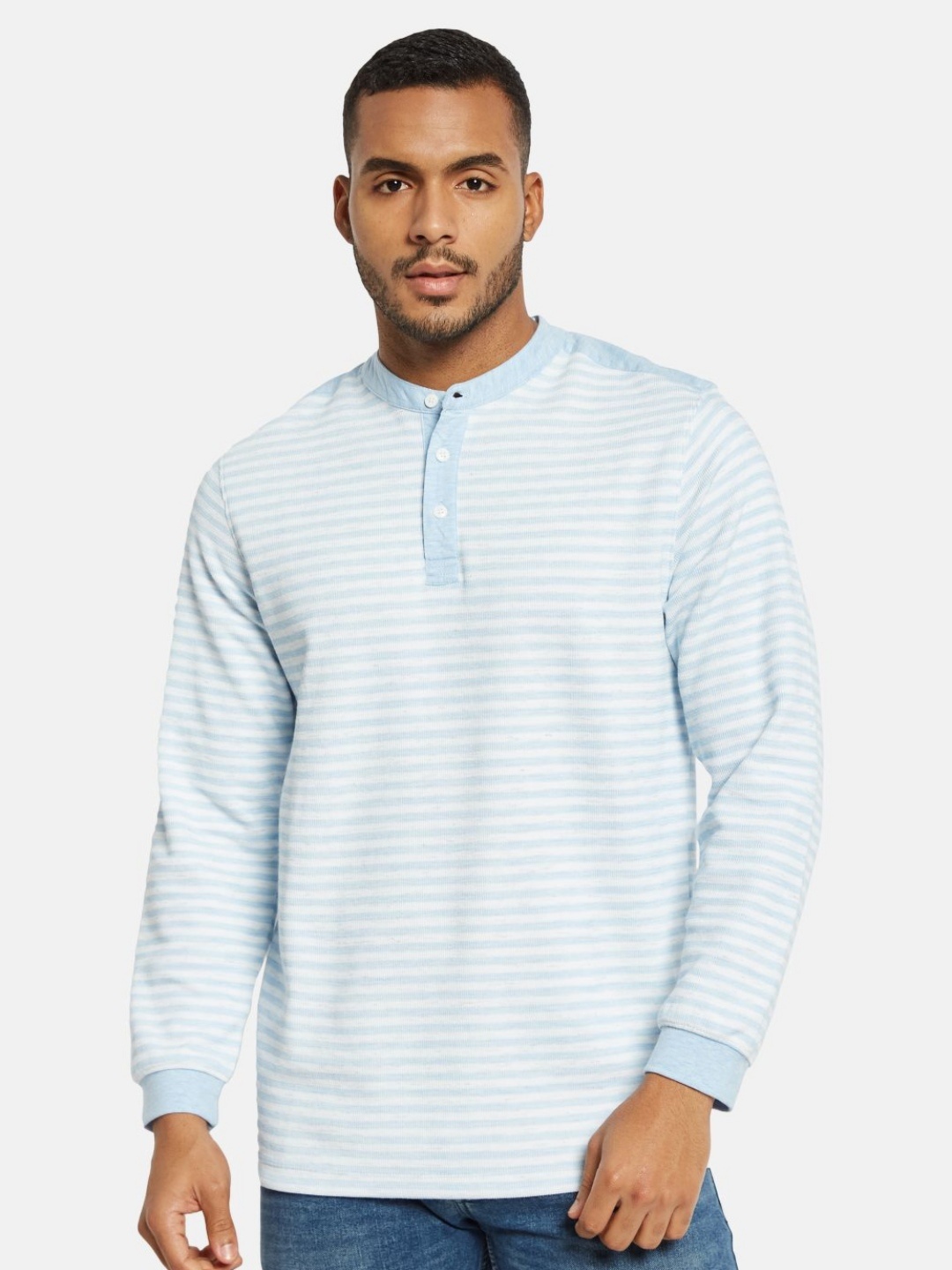 

METTLE Men Striped Mandarin Collar Cotton T-shirt, Blue