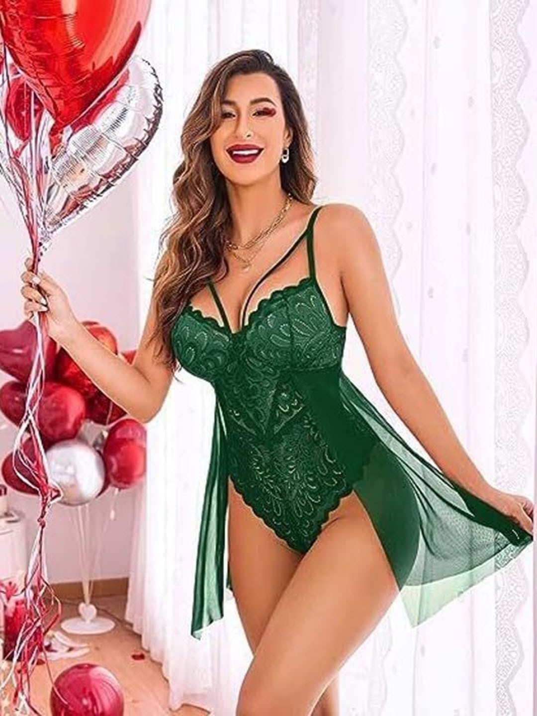 

SGC SWEDEN Women Self Design Shoulder Straps Baby Doll, Green