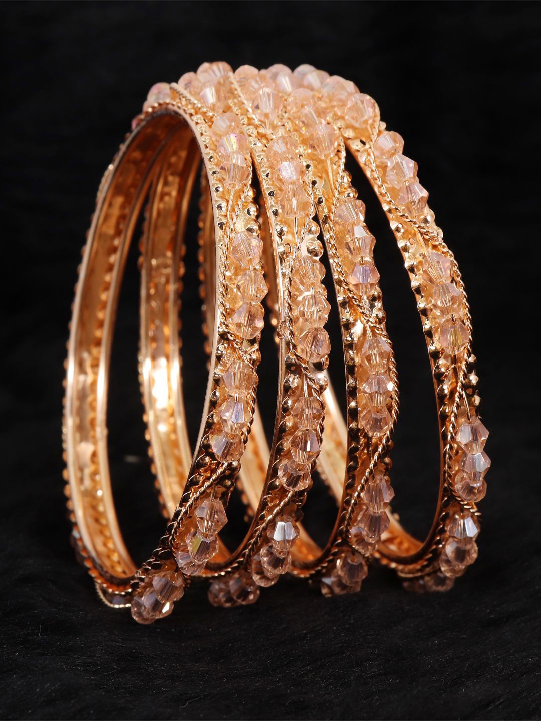 

ZULKA Set Of 4 Rose Gold-Plated Stone Studded Beaded Bangles