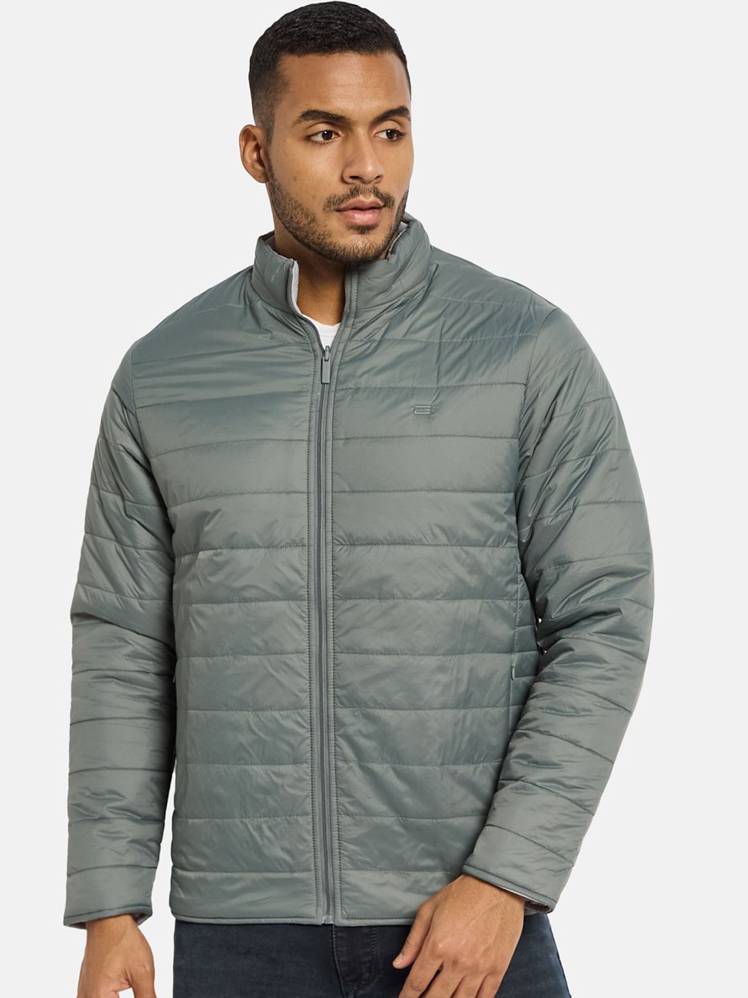 

METTLE Men Mock Collar Solid Casual Padded Jacket, Grey