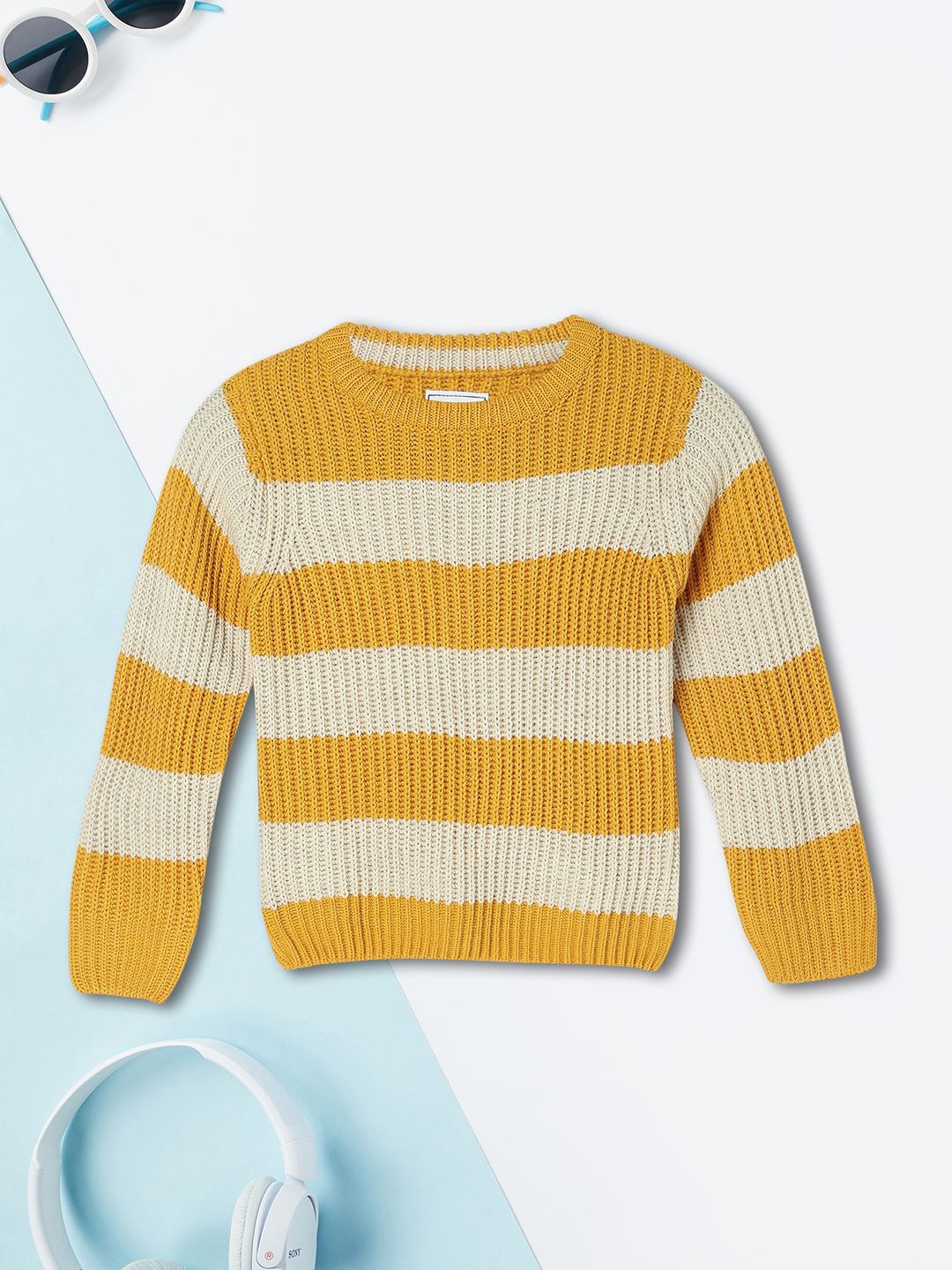 

max Boys Round Neck Long Sleeves Striped Pullover, Yellow