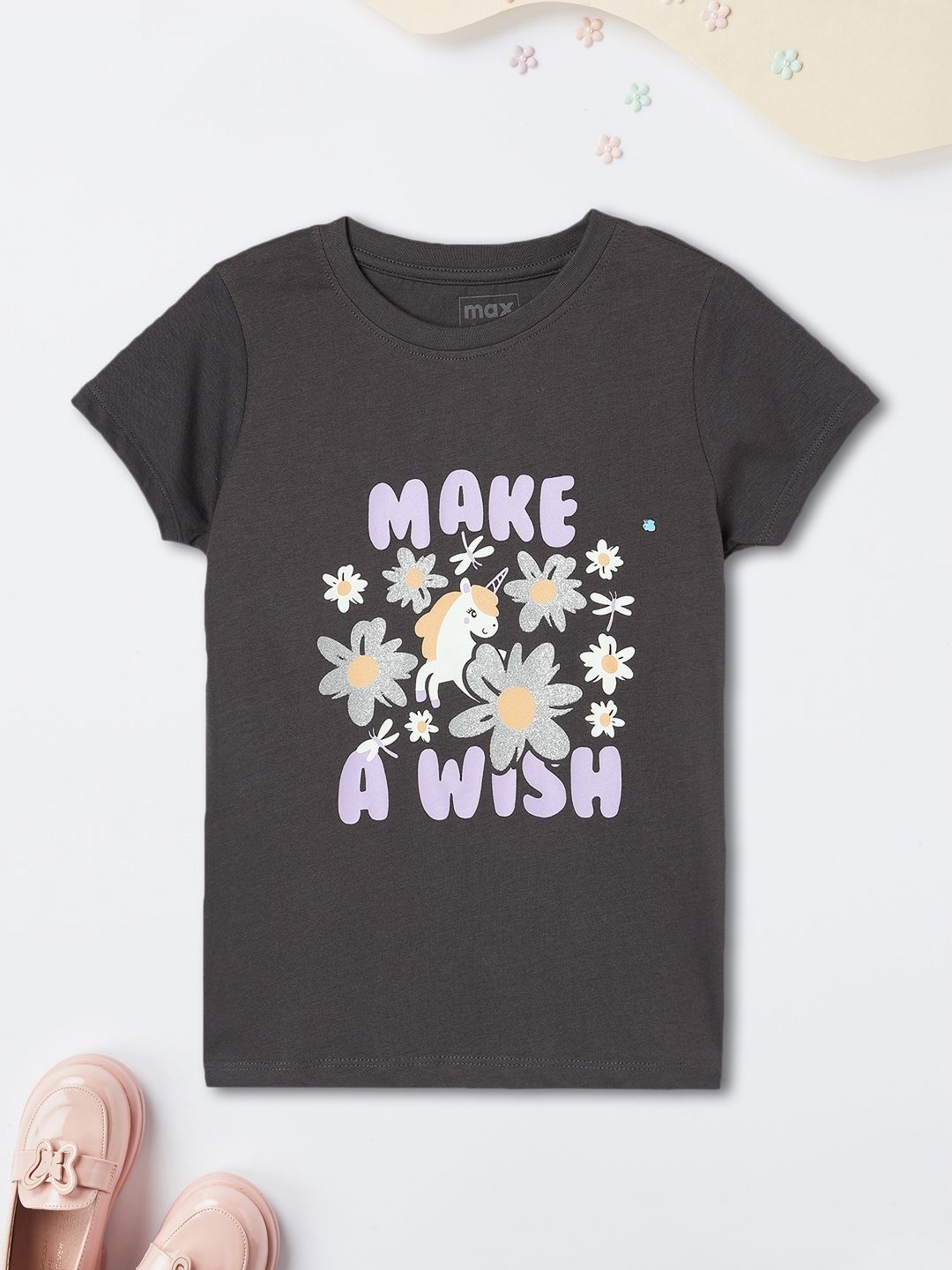 

max Girls Floral Printed Round Neck Cotton T-shirt, Grey
