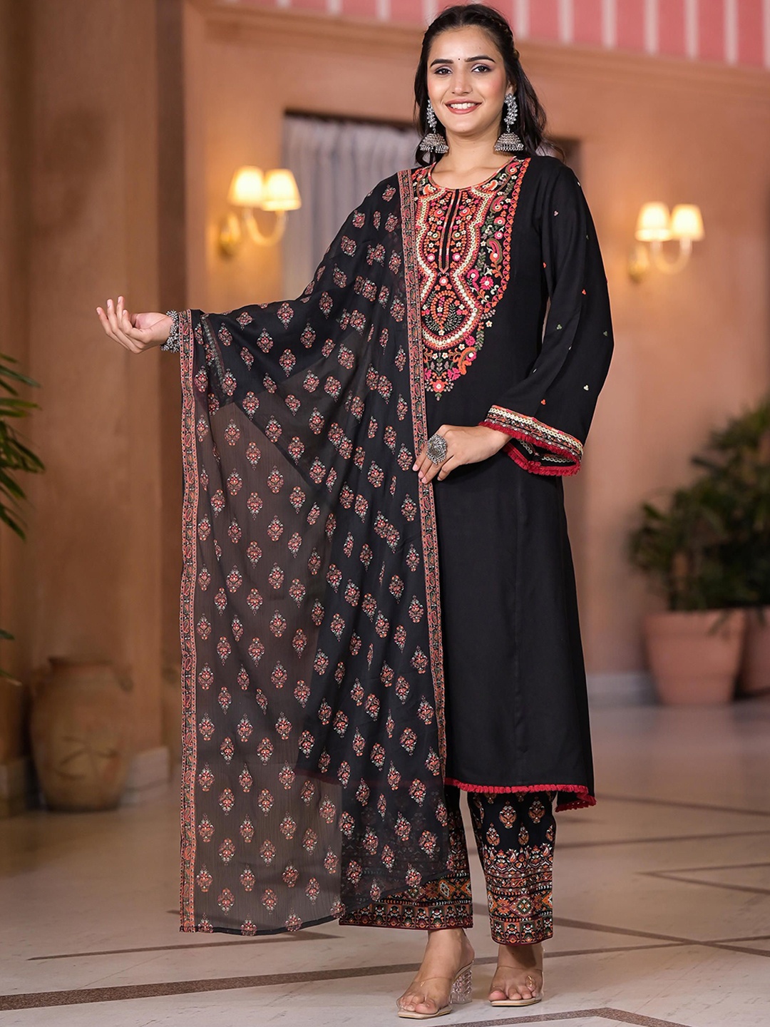 

Juniper Floral Embroidered Thread Work A-Line Panelled Kurta With Palazzos & Dupatta, Black