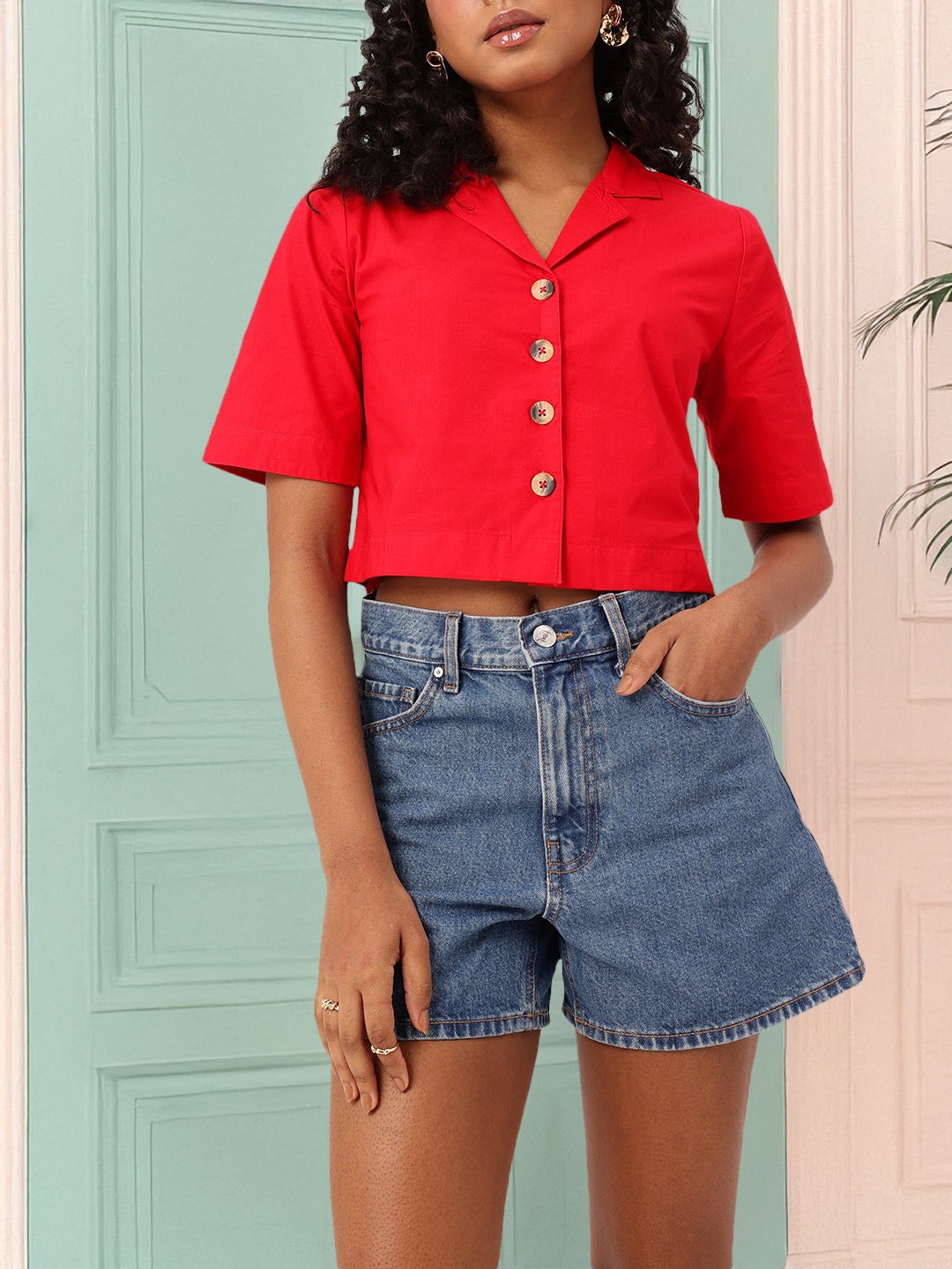 

DressBerry Cherry Red Comfort Chic Crop Shirt