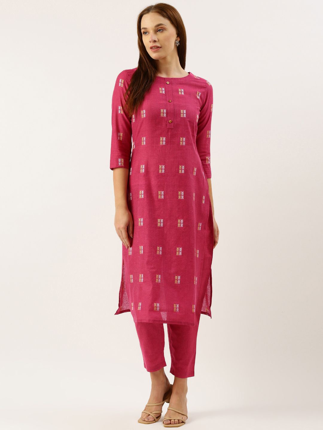 

KALINI Geometric Woven Design Jacquard Straight Kurta, Pink