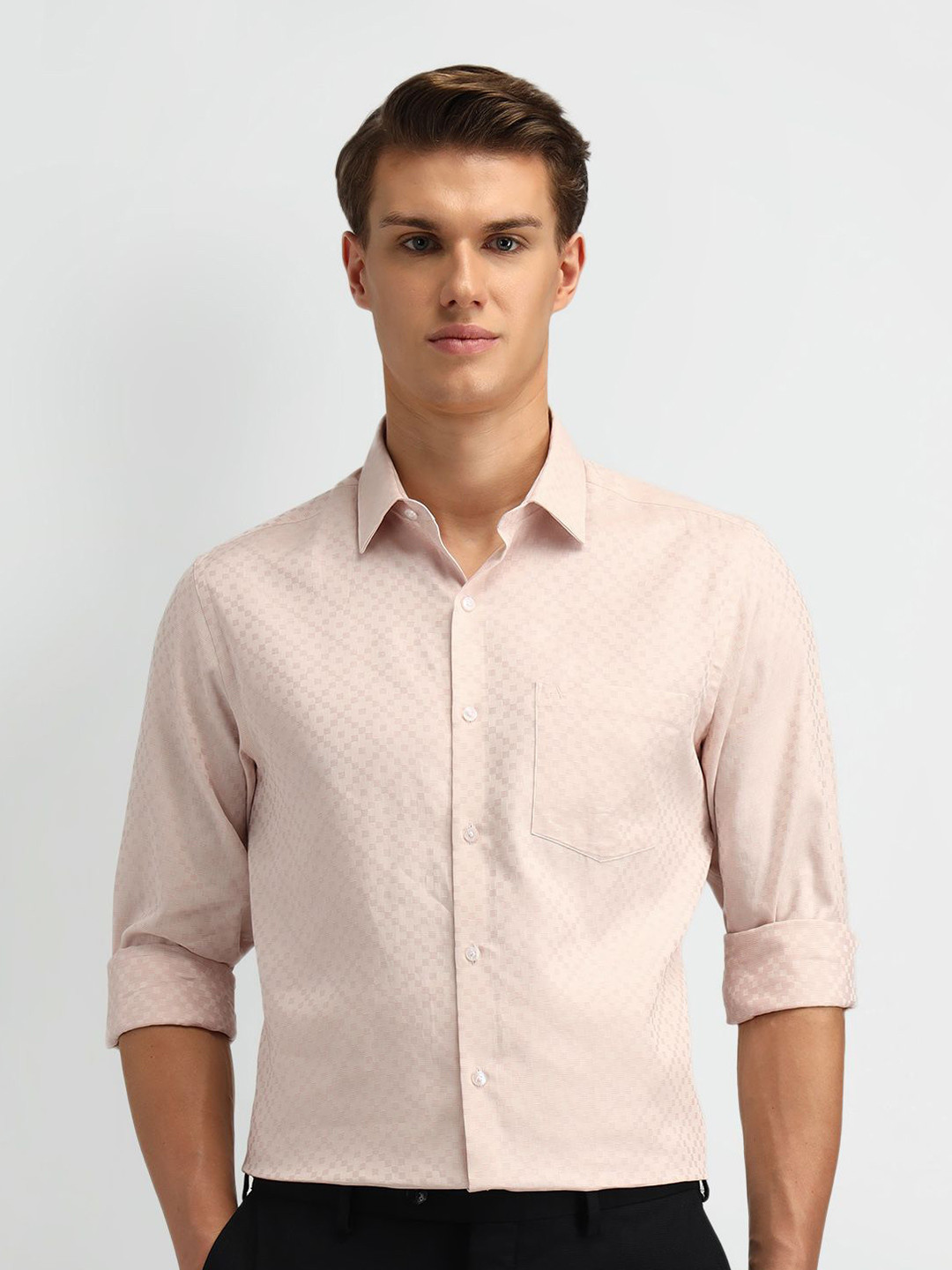 

Arrow Men Classic Spread Collar Checked Cotton Formal Shirt, Peach