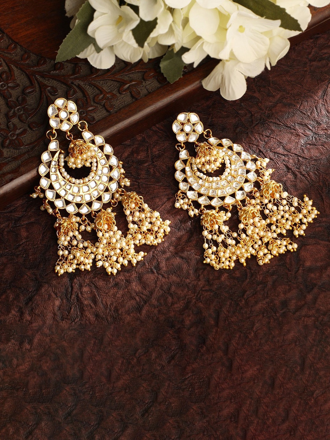 

Stefan Gold-Plated Kundan Studded Jhumkas Earrings, White