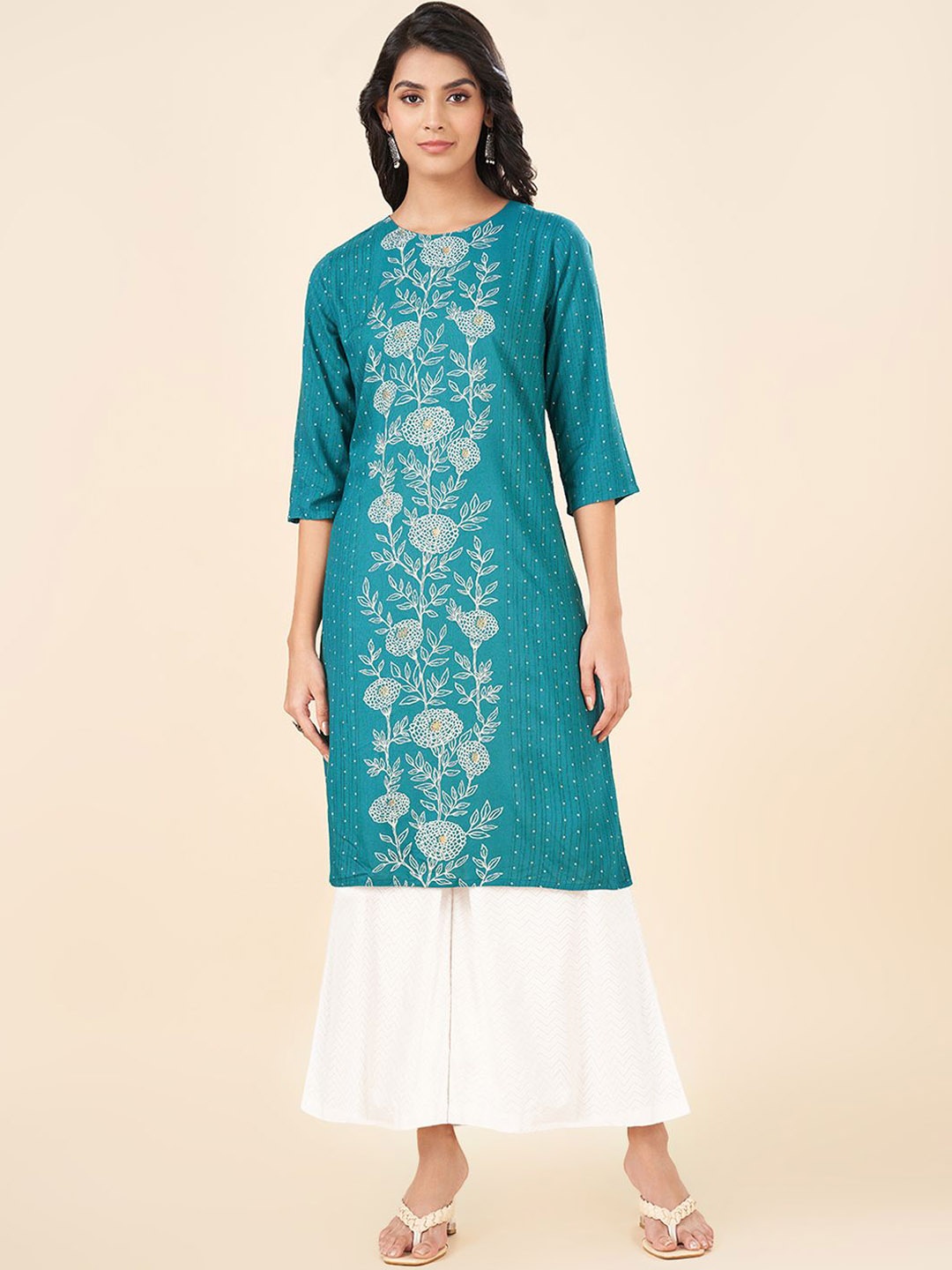 

RANGMANCH BY PANTALOONS Ethnic Motifs Printed Sequinned Straight Kurta, Teal