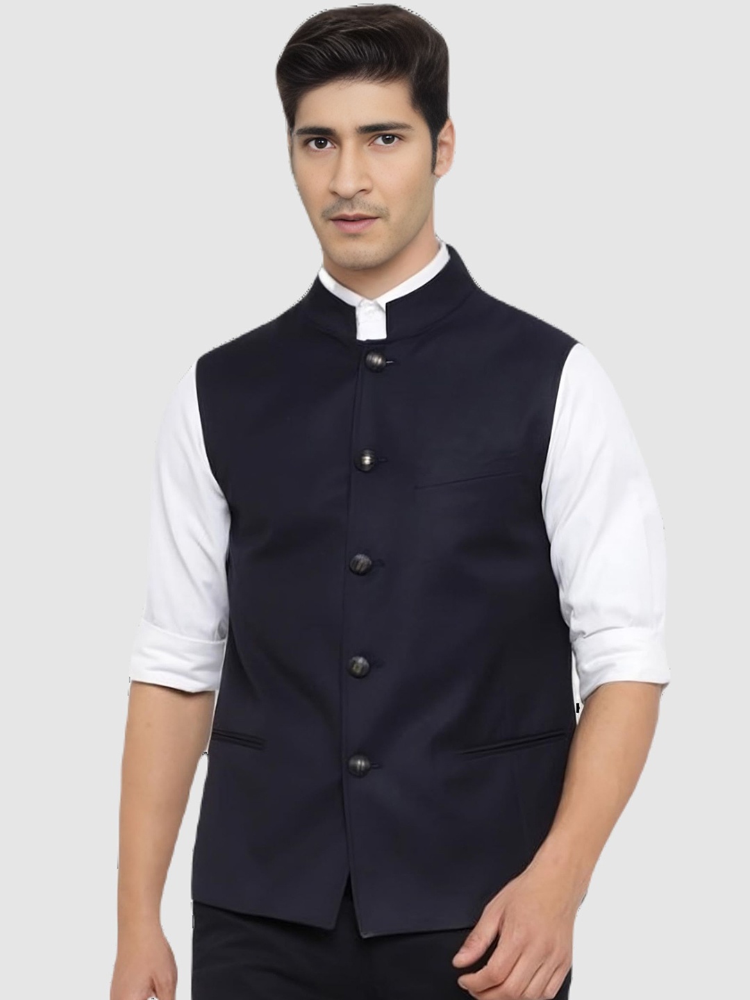 

BAESD Mandarin Collar Satin Nehru Jacket, Navy blue