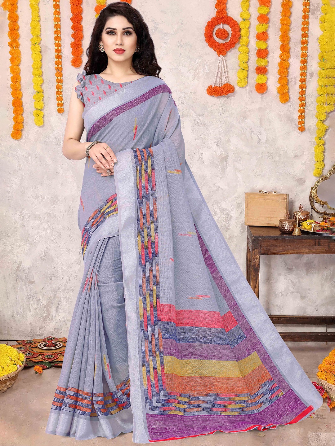 

KALINI Woven Design Block Print Saree, Lavender